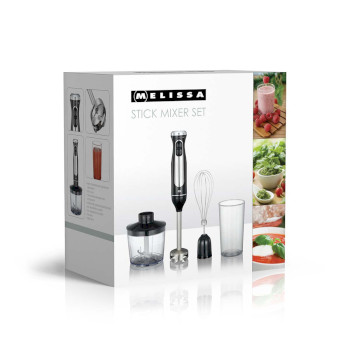 Stabmixer-Set | 600 W | 2 Geschwindigkeiten | Variable Geschwindigkeitseinstellung | Mini-Zerkleinerer | Schneebesen | Edelstahlschaft und -klingen | Edelstahl / schwarz