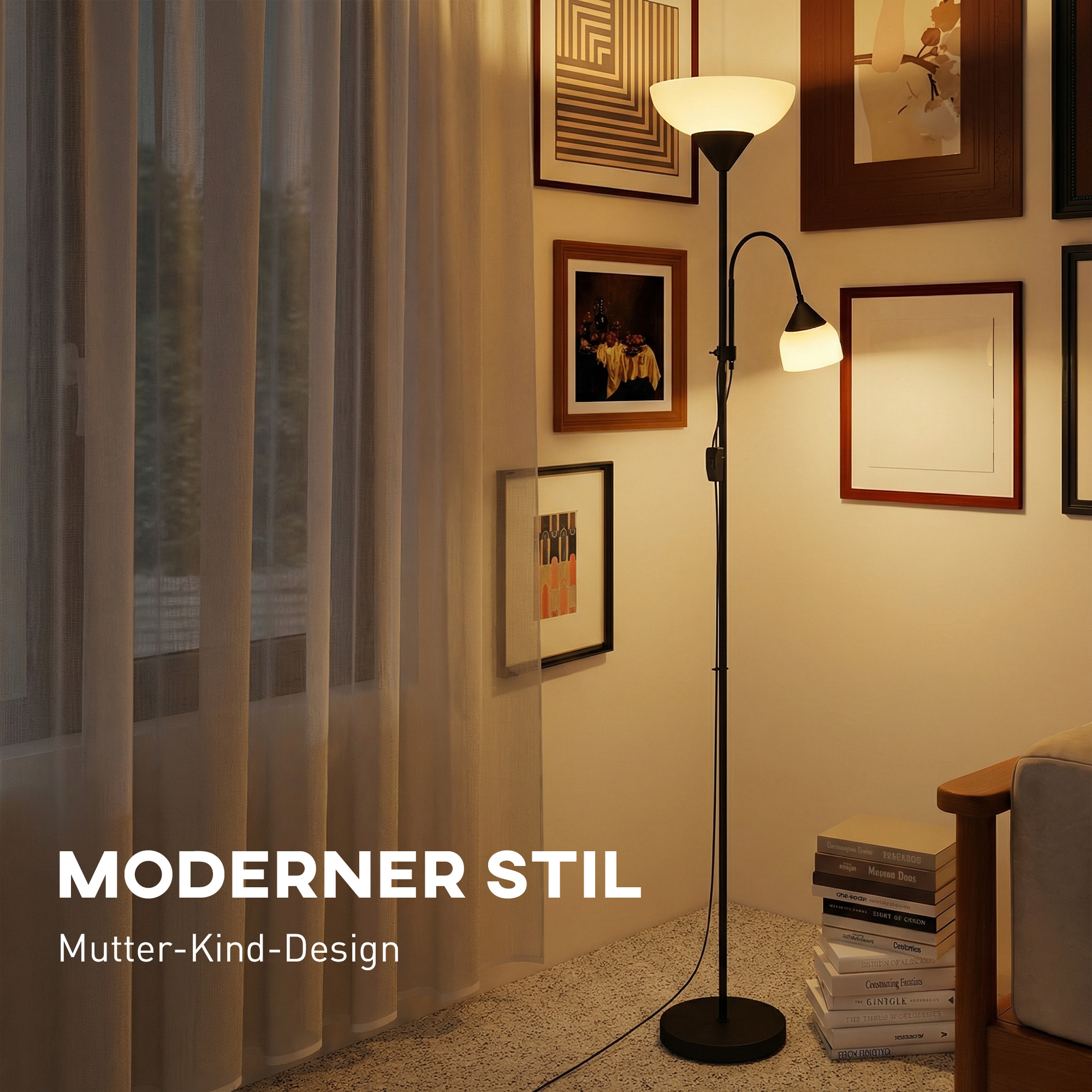 Uplighter, Mutter-und-Kind-Stehlampe, hohe Lampe mit 3 Farbtemperaturen und flexiblem Schwanenhals, Schwarz