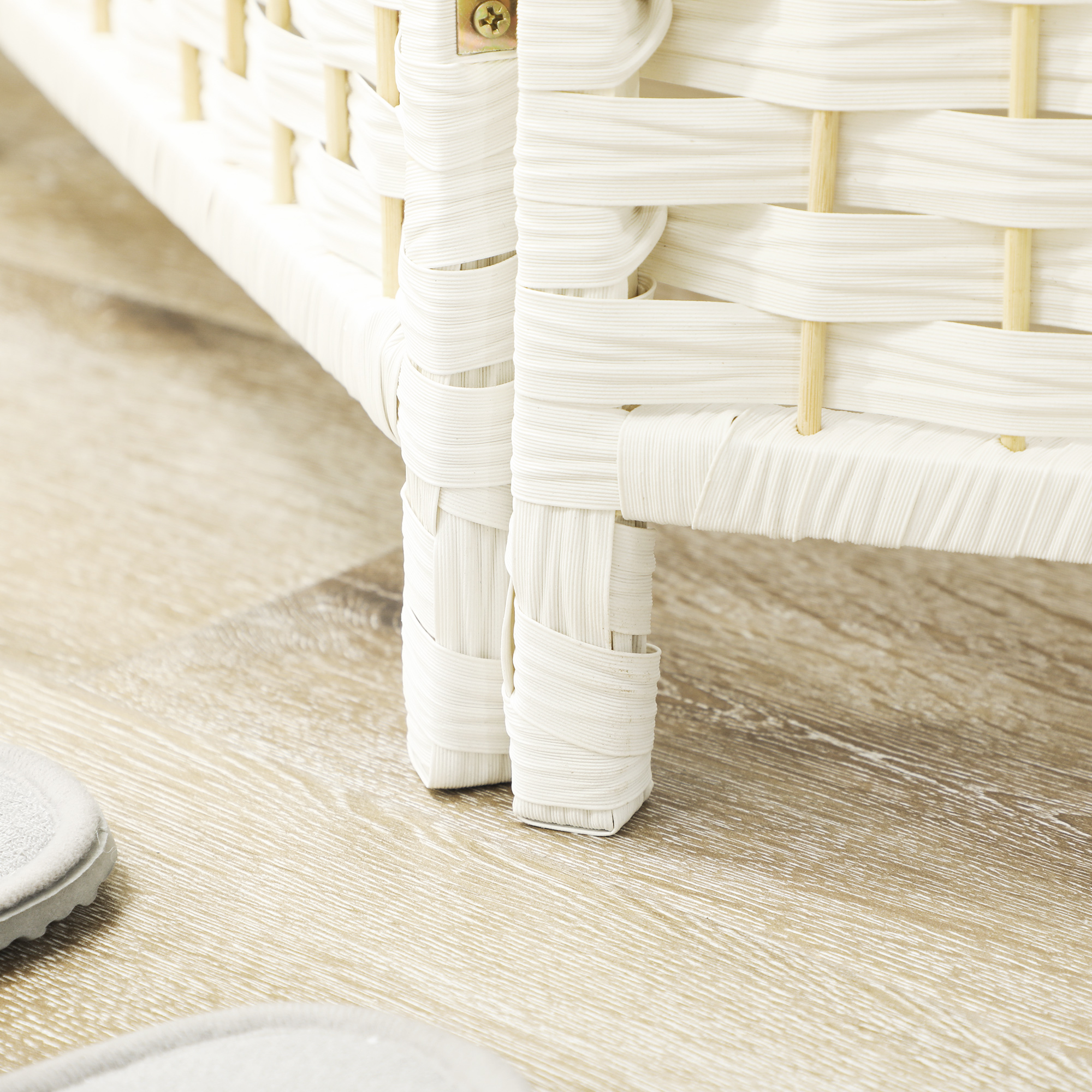 Raumteiler, 4-teilig faltbare Trennwand, Geflechtmuster, Kiefernholz, Weiß