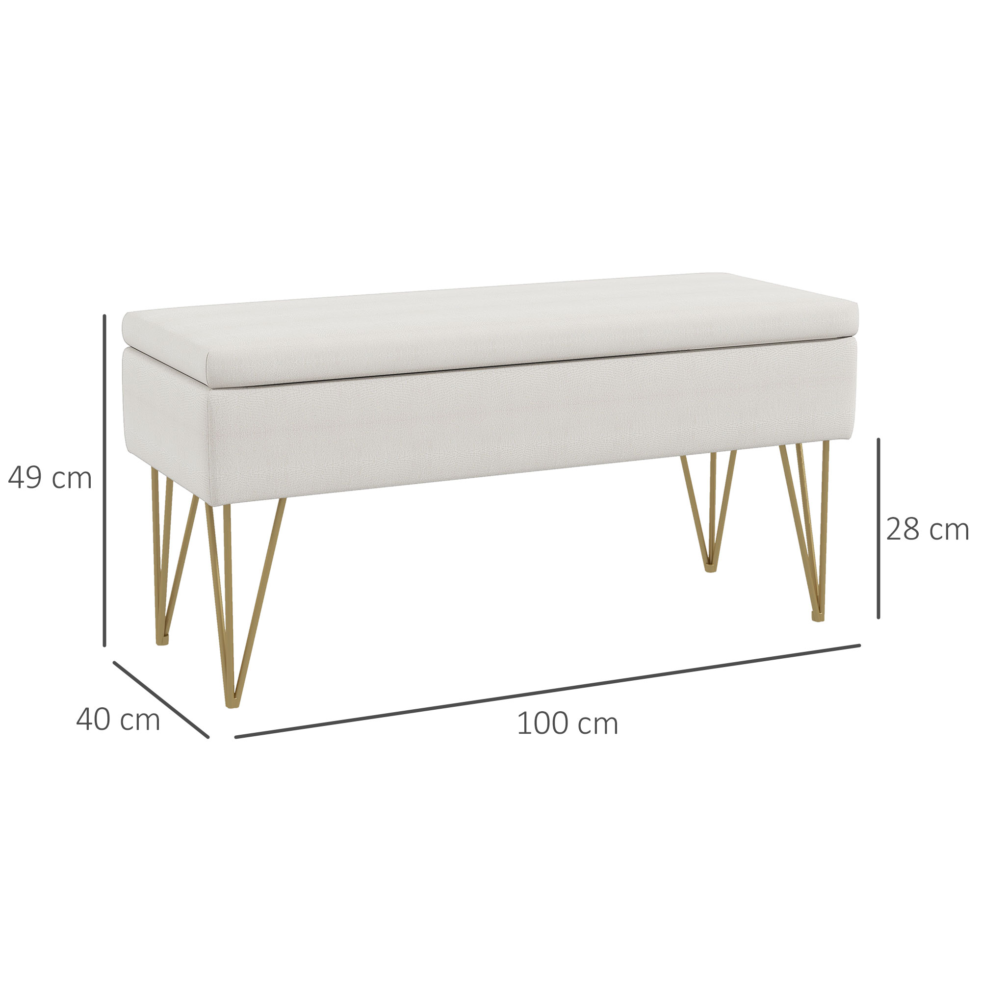 Bettbank mit Stauraum, dicke Polsterung, atmungsaktiver Stoff, Stahlfüße, 100x40x49 cm, Creme