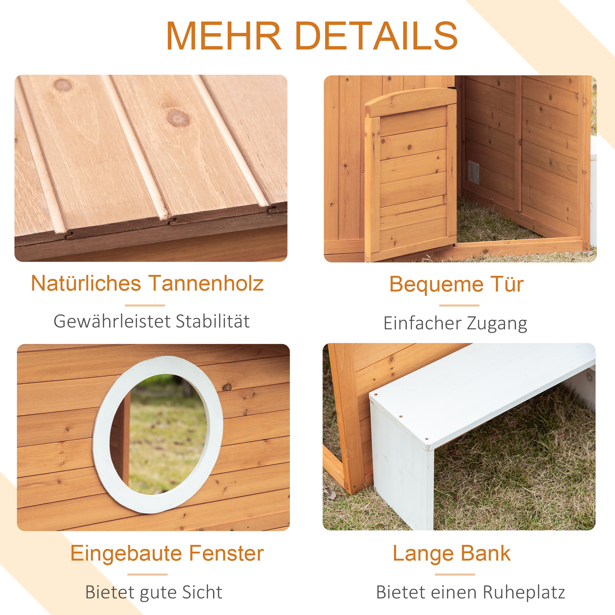 Kinderspielhaus aus Naturholz, mit Briefkasten und Blumenkasten, Natur