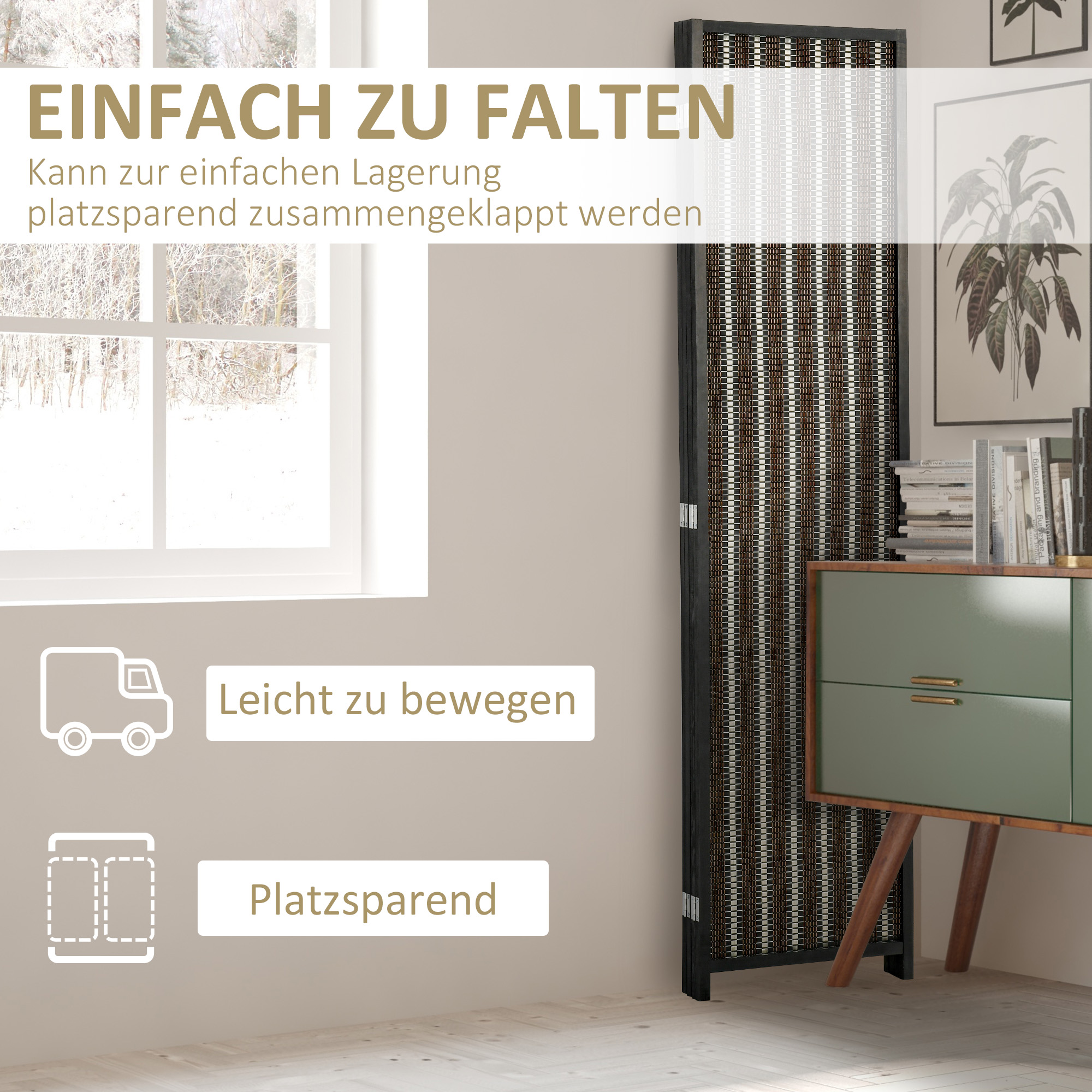 Raumteiler, faltbar, Kiefernholz/Bambus, 180 x 180 cm, Braun/Schwarz