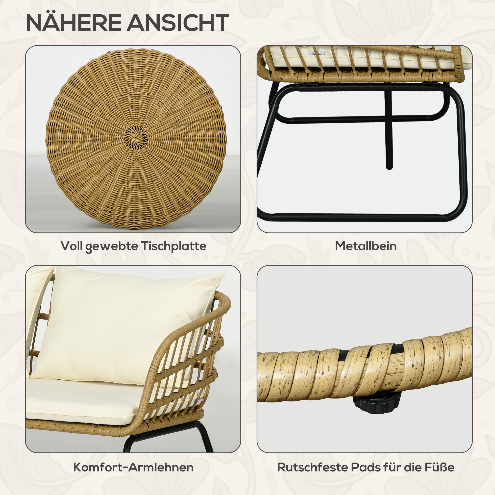 Rattansitzgruppe Lounge-Set Outdoor-Sitzgruppe, Boho-Stil, 5-teilges Set, 145 x 70 x 78 cm, Creme + Natur + Schwarz