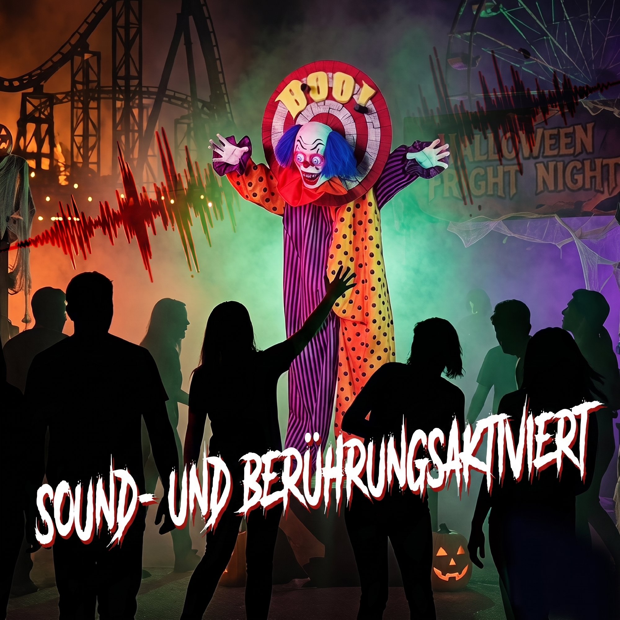 167 cm lebensgroße animierte Halloween-Clown-Deko mit Sound- & Berührungsaktivierung