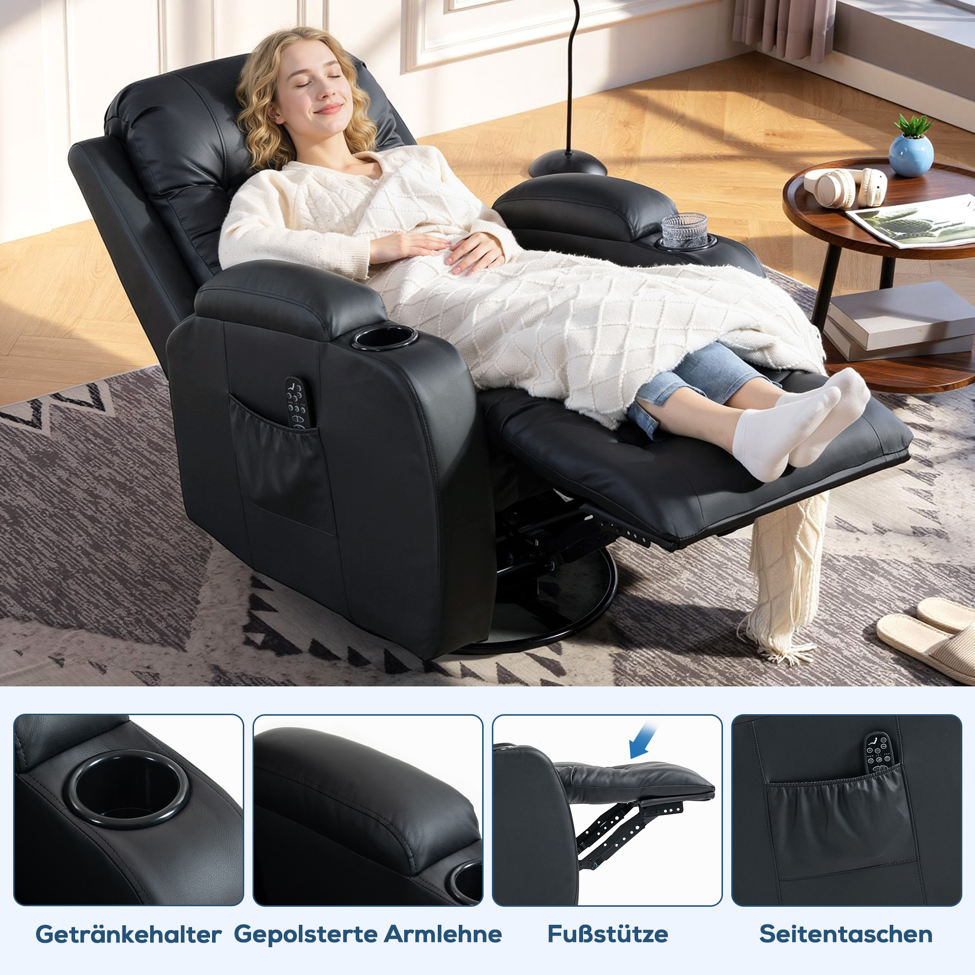 Massagesessel mit Wipp-, Liege- & Wärmefunktion, 3 Modi, drehbar, Schwarz