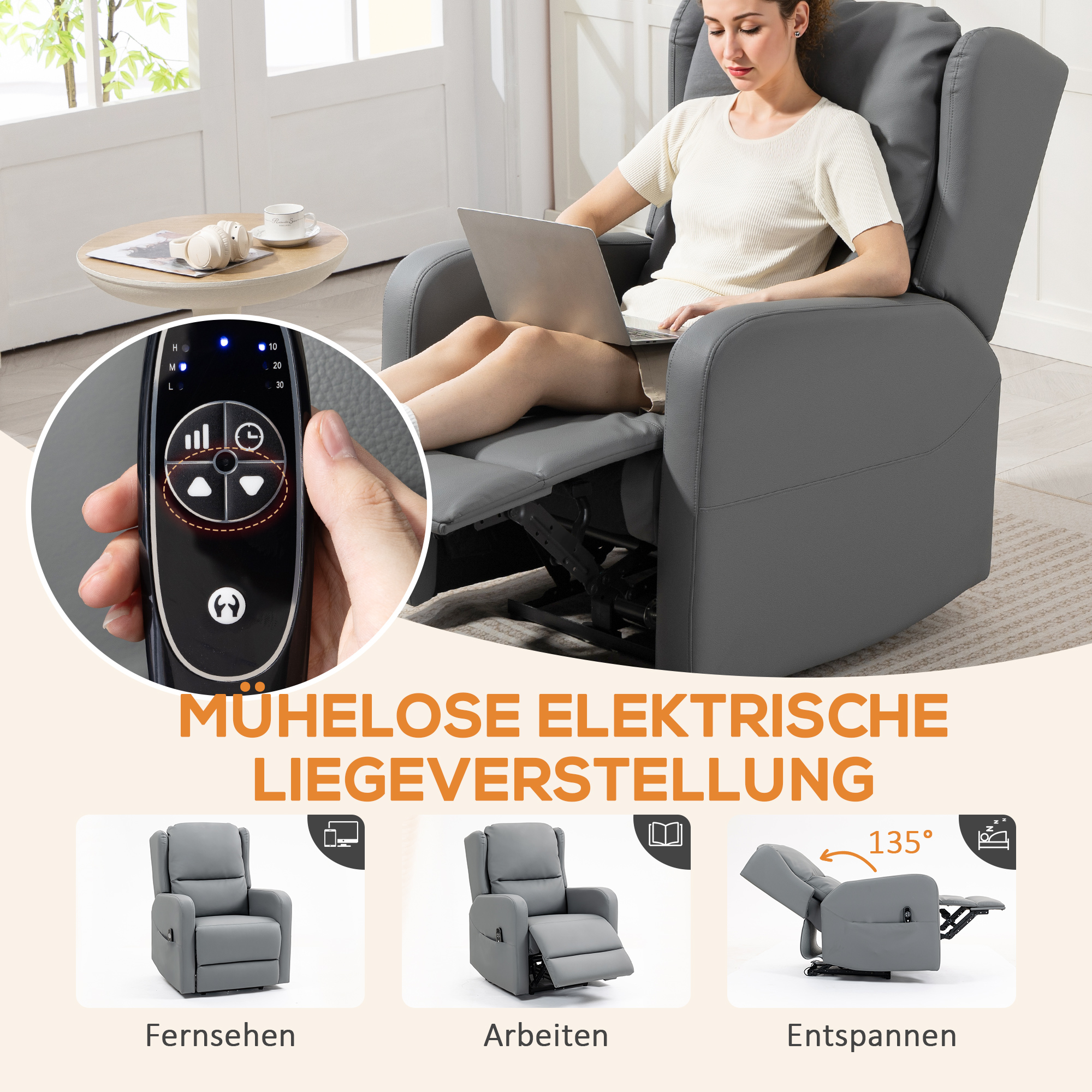 Massagesessel mit Rücklehnfunktion, Kunstleder, elektrisch verstellbar, Fußstütze, Seitentasche, Stahlrahmen, Grau