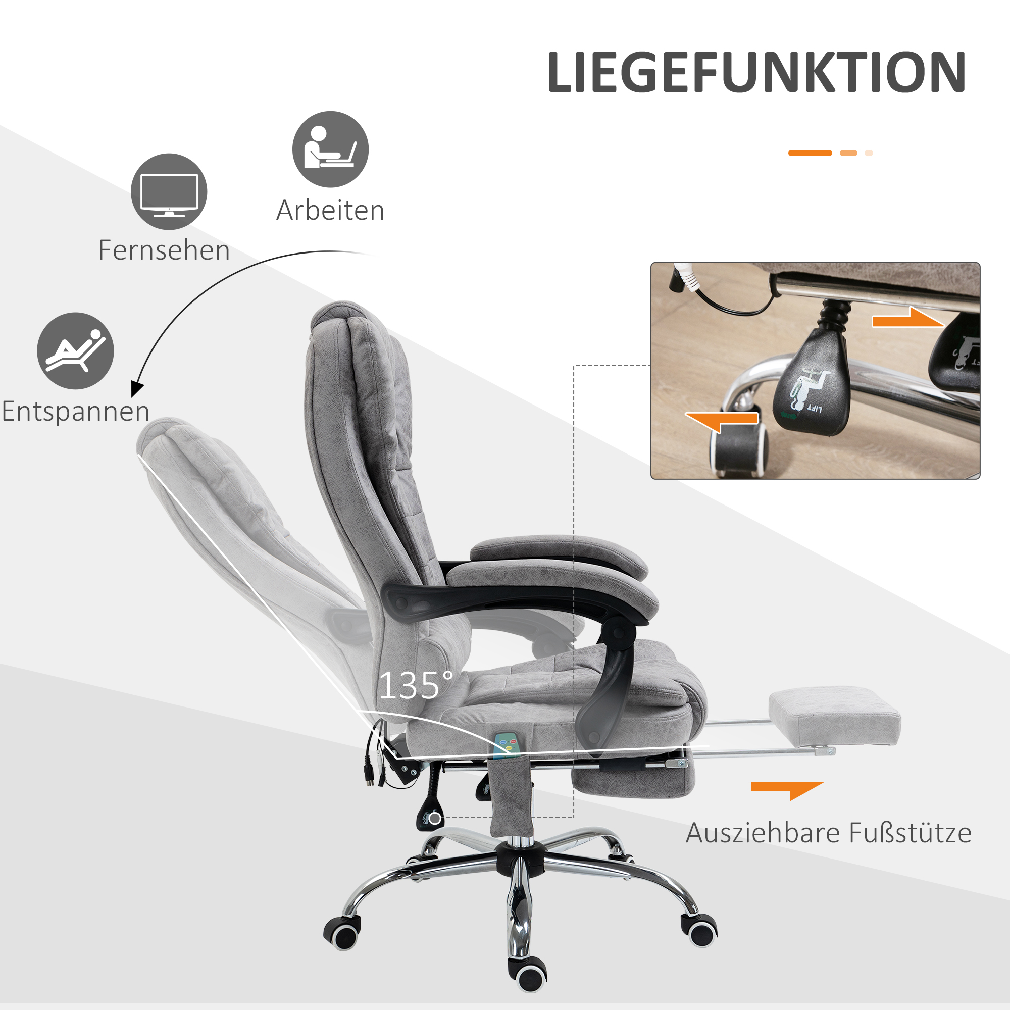 Bürostuhl mit Massagefunktion, Ergonomischer Schreibtischstuhl mit Liege- & Wärmefunktion, Fernbedienung, Grau