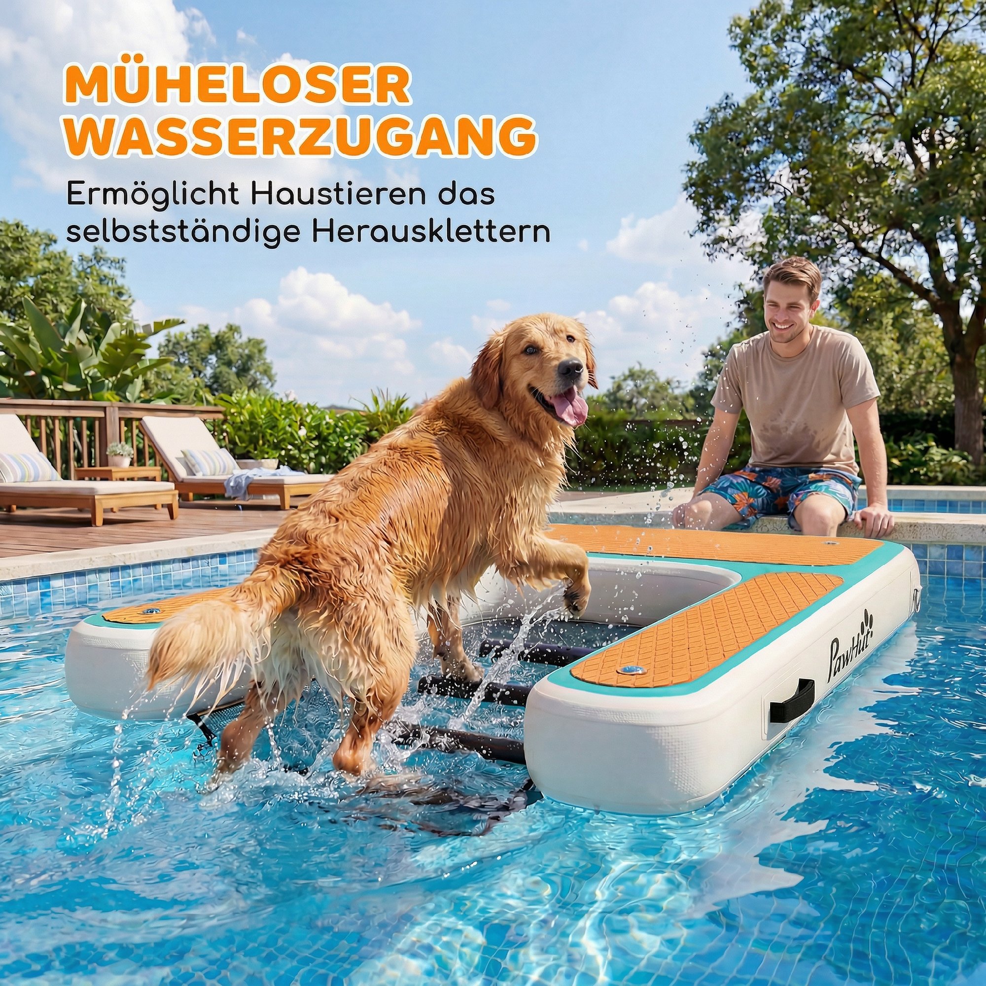 Aufblasbare Hunde Wasserrampe Hunderampe Pool 151x102 cm Tragbares Hundeboot mit Rutschfester EVA-Oberfläche Orange