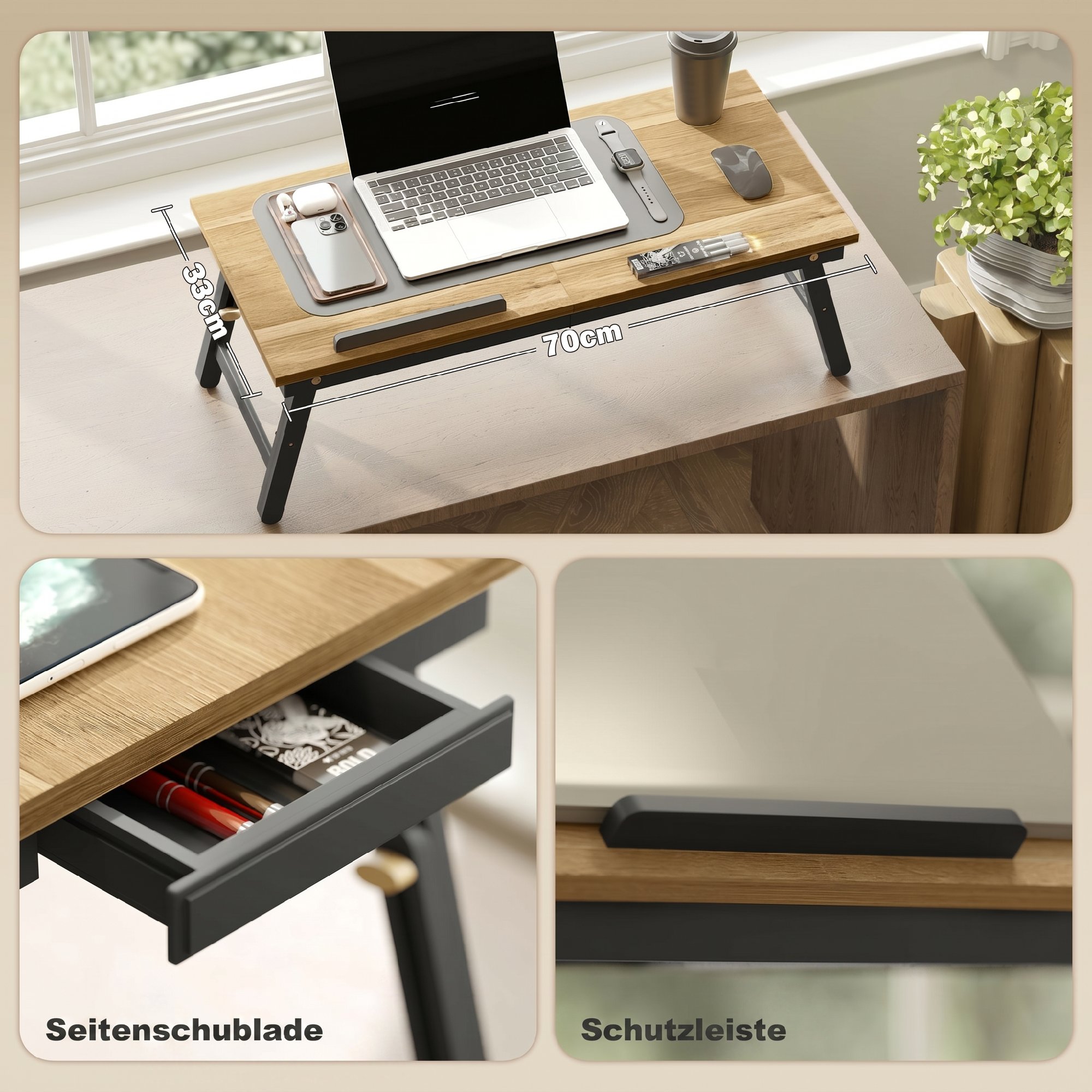 Betttisch, Laptoptisch Höhenverstellbar mit Schublade, Klappbar für Sofa Arbeiten Bett, Eiche