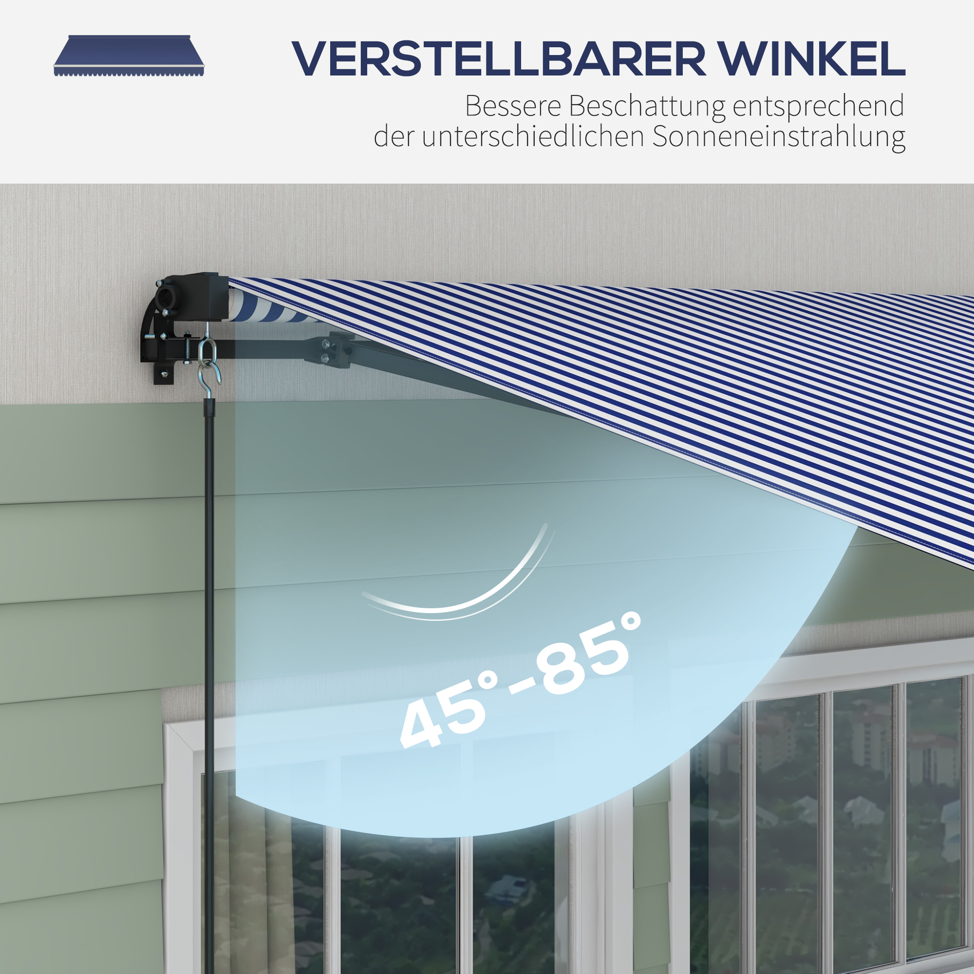 Sonnenmarkise Markise Terrassenmarkise, inkl. Handkurbel, wetterbeständig, 396 cm x 300 cm, Blau + Weiß