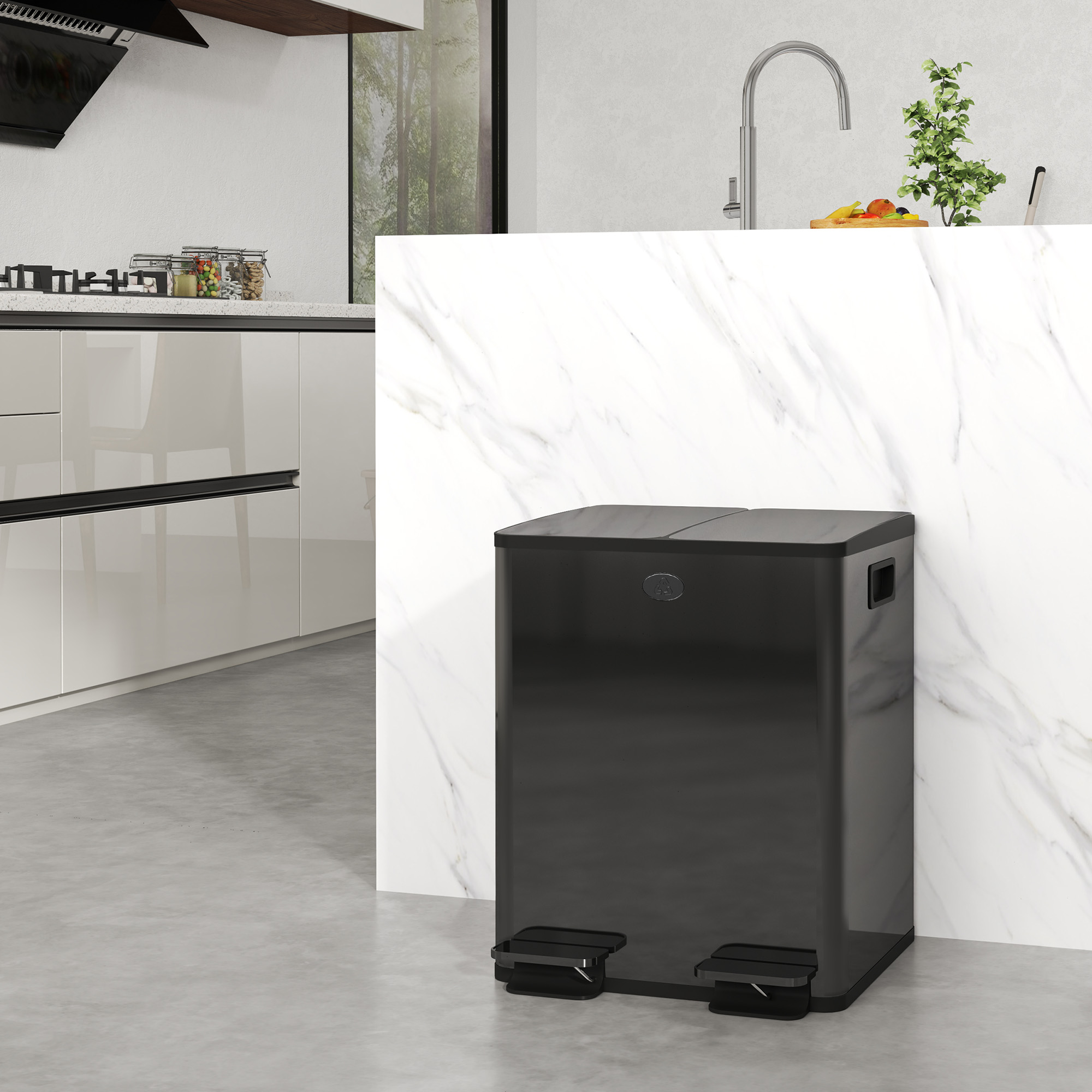 2 x 20 L Doppelmülleimer, Pedalöffnung, leicht zu reinigen, Edelstahl, Kunststoff, Schwarz