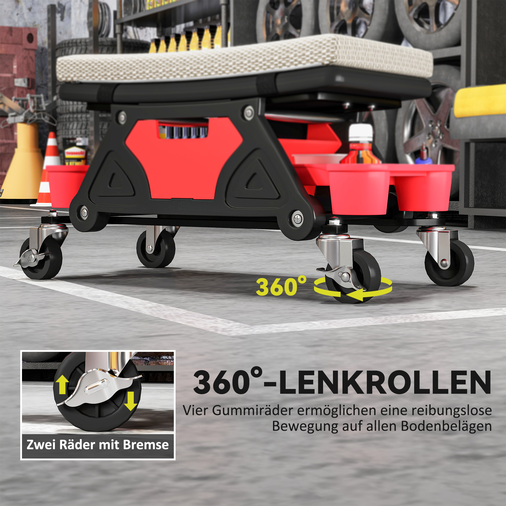 Werkstatthocker mit Rollen Ablagefläche 35cm hoch Rollhocker bis 135 kg belastbar Grau