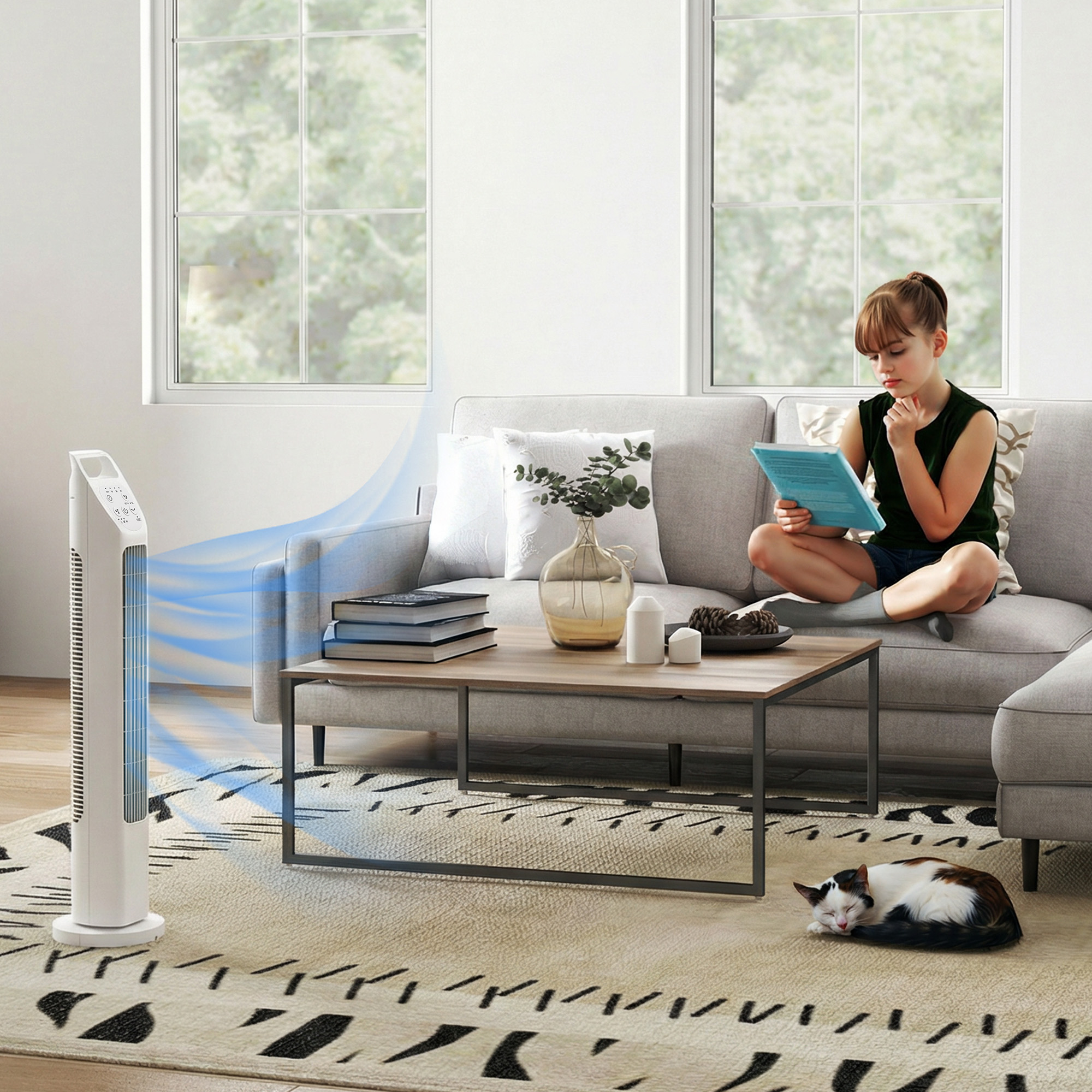 Turmventilator mit Fernbedienung, 7,5-Stunden-Timer, leiser Ventilator für Schlafzimmer, Weiß