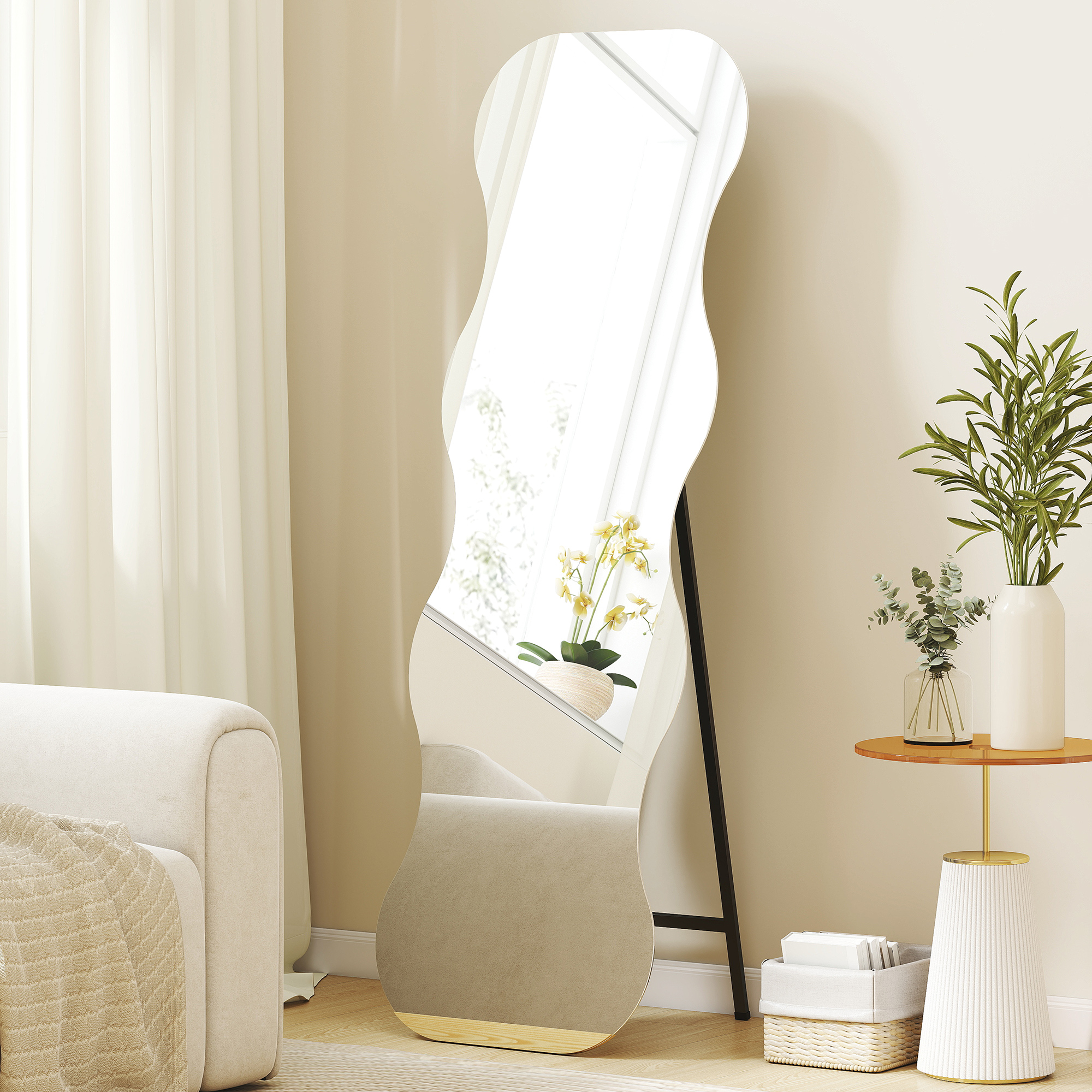 Ganzkörperspiegel ohne Rahmen, Holzbasis, flexibel platzierbar, Wellenform, Schwarz