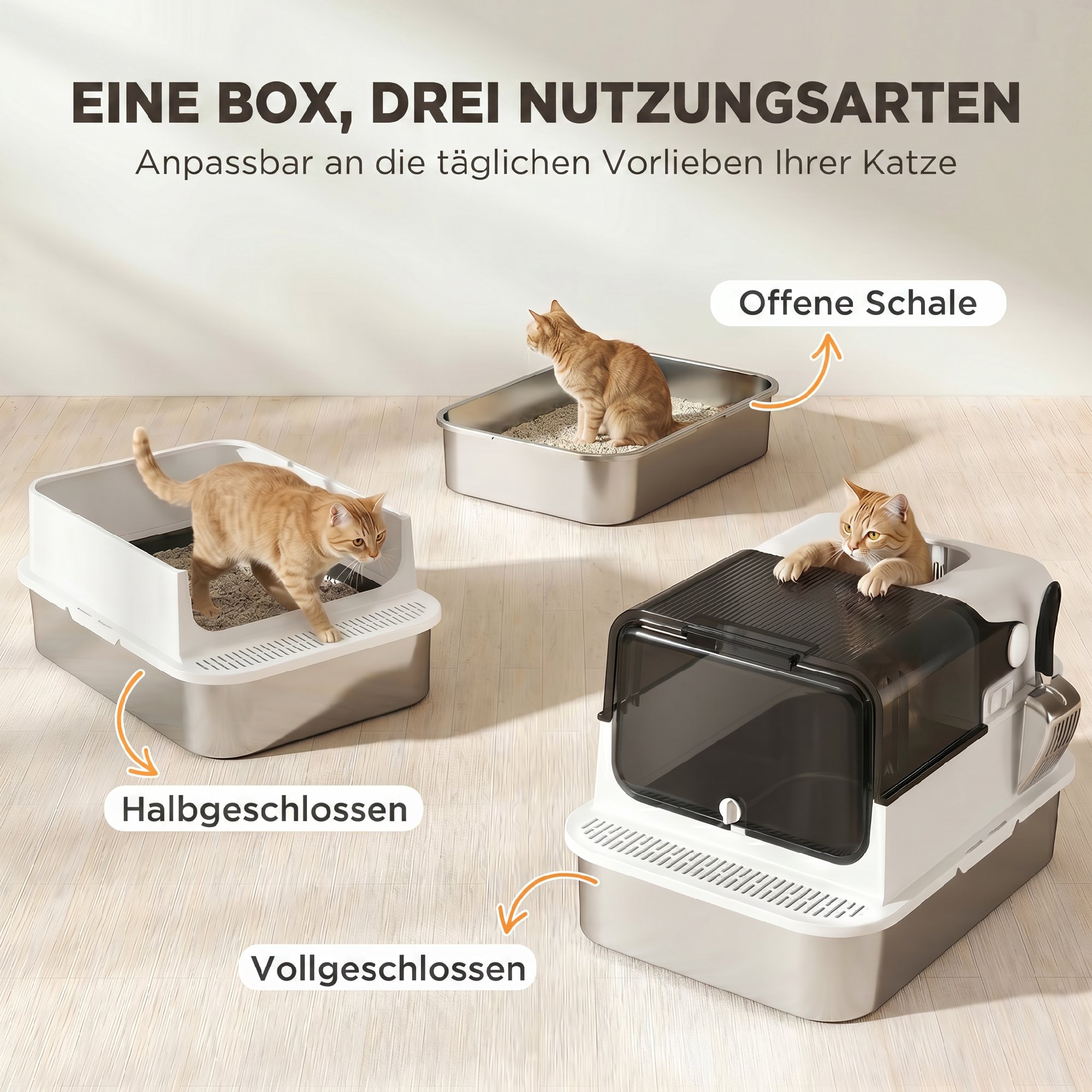 Katzenklo Edelstahl mit Deckel XXL 72L für große Katzen und Mehrere Katzen mit Doppeltüren Schaufel Pedal Anti-Leck