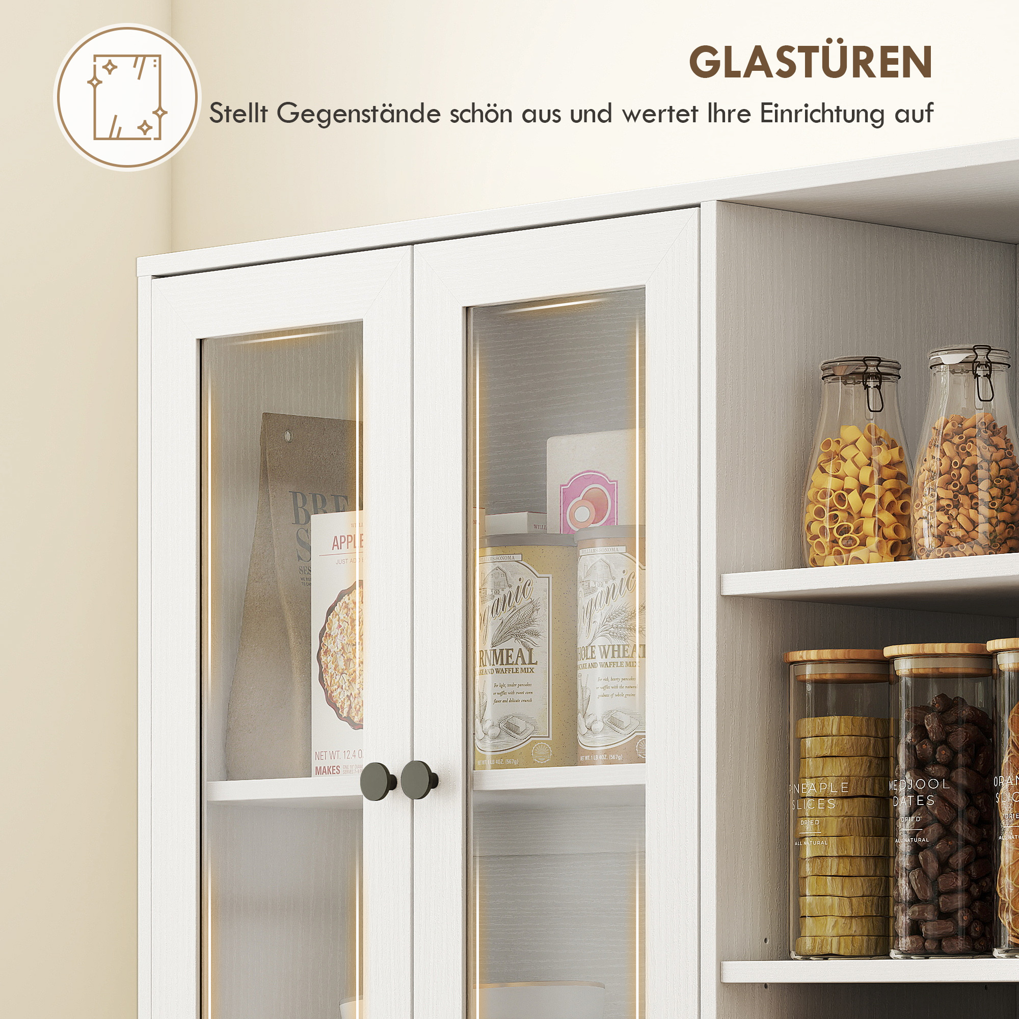 Küchenschrank mit Glastüren, Regale, offene Ablagen, 172 cm groß, MDF, Weiß