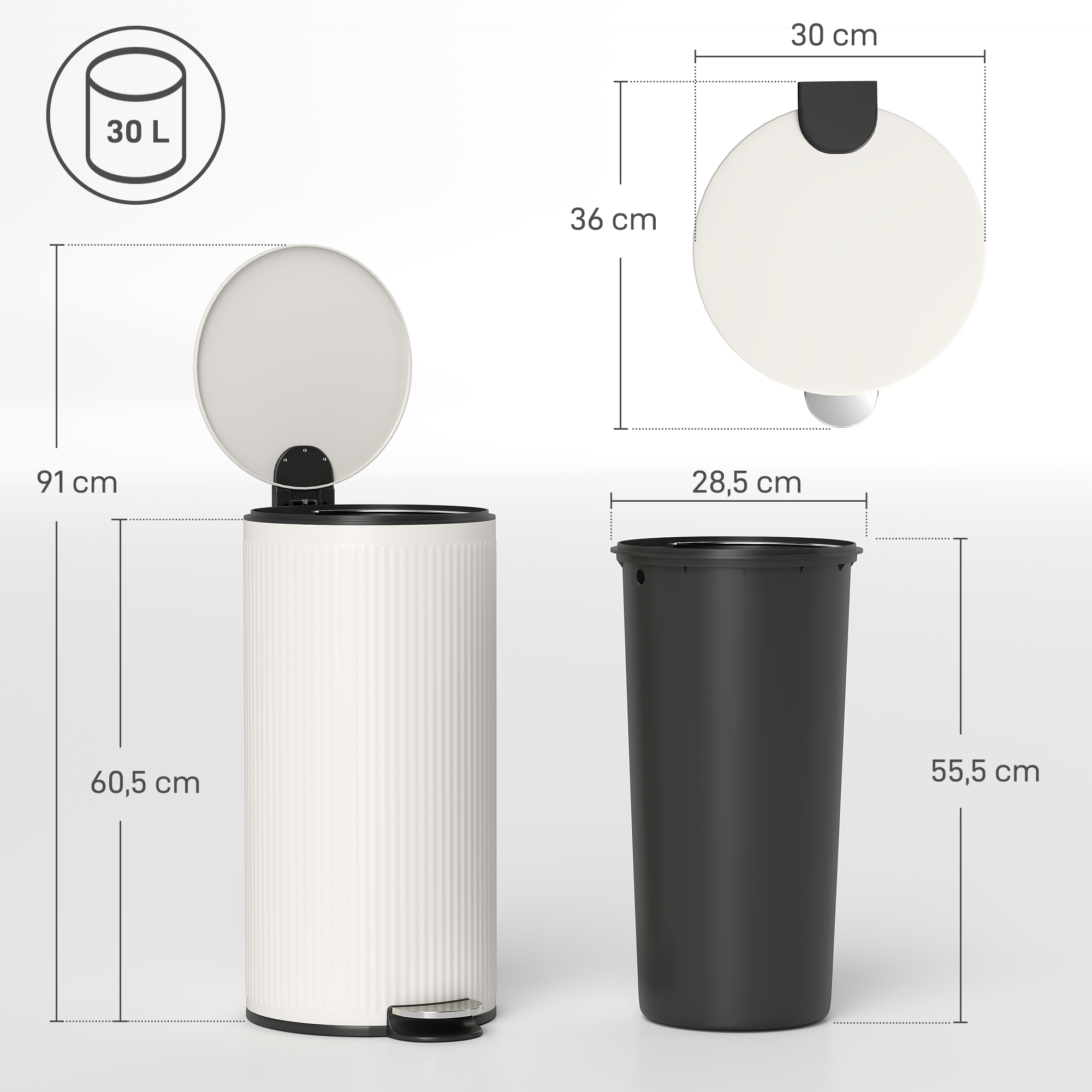 Mülleimer 30 L Treteimer mit Softclose-Deckel und Pedal, Inneneimer Metall, Schwarz, 36 x 30 x 60,5 cm