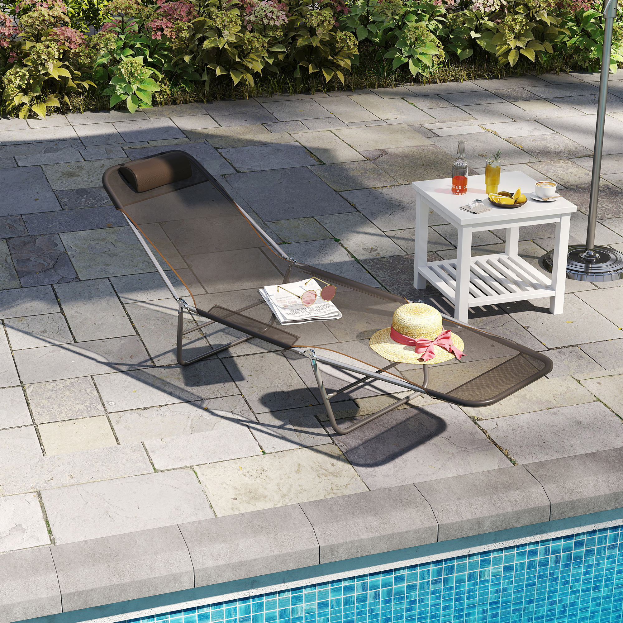 Sonnenliege klappbar Gartenliege mit Kopfkissen Liegestuhl verstellbar mit 5-Fach Campingliege bis 120kg belastbar für Garten, Balkon und Pool geeignet, 4 Farben(Braun)