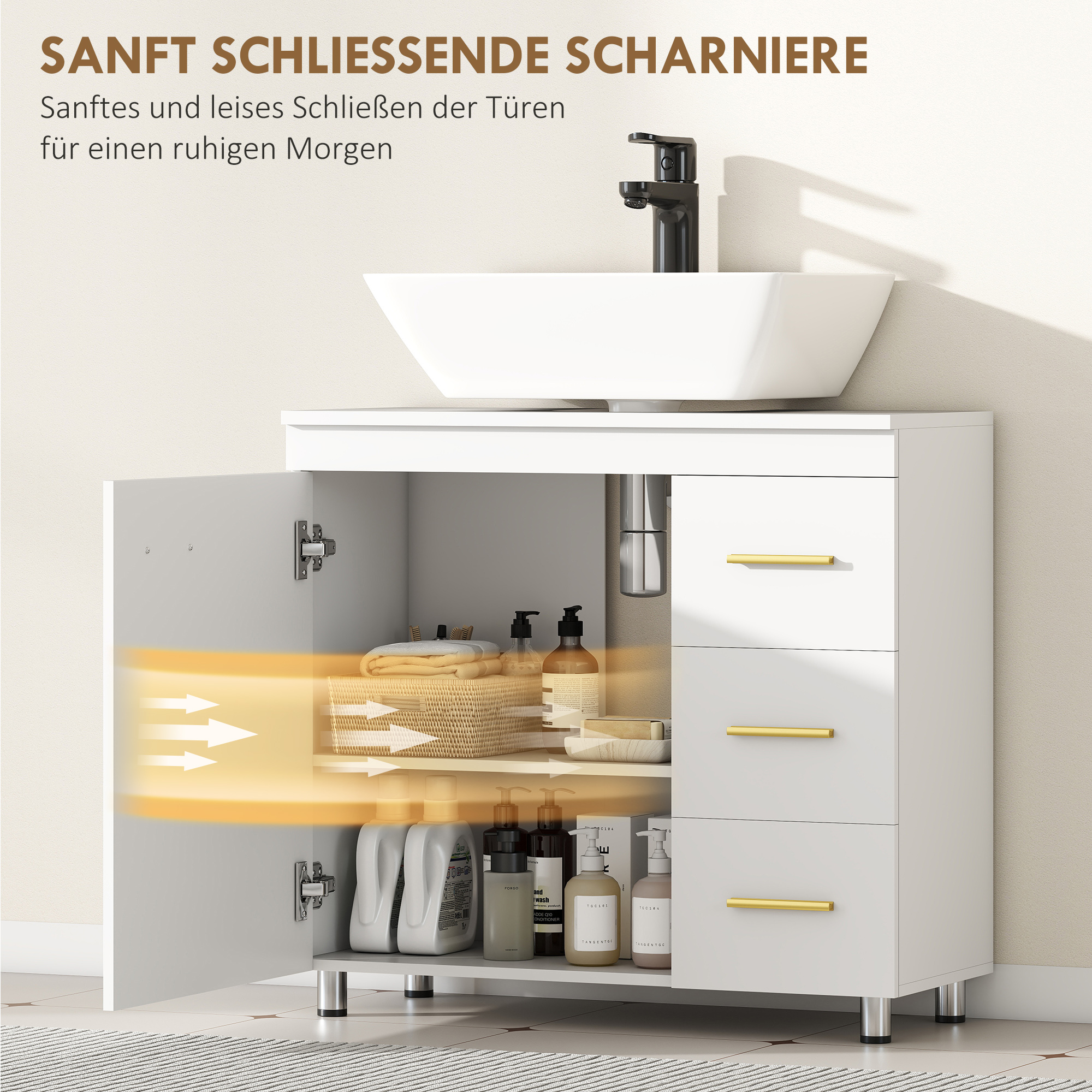Badezimmer-Unterschrank, 3-stufiges Design, MDF, Spanplatte, Weiß