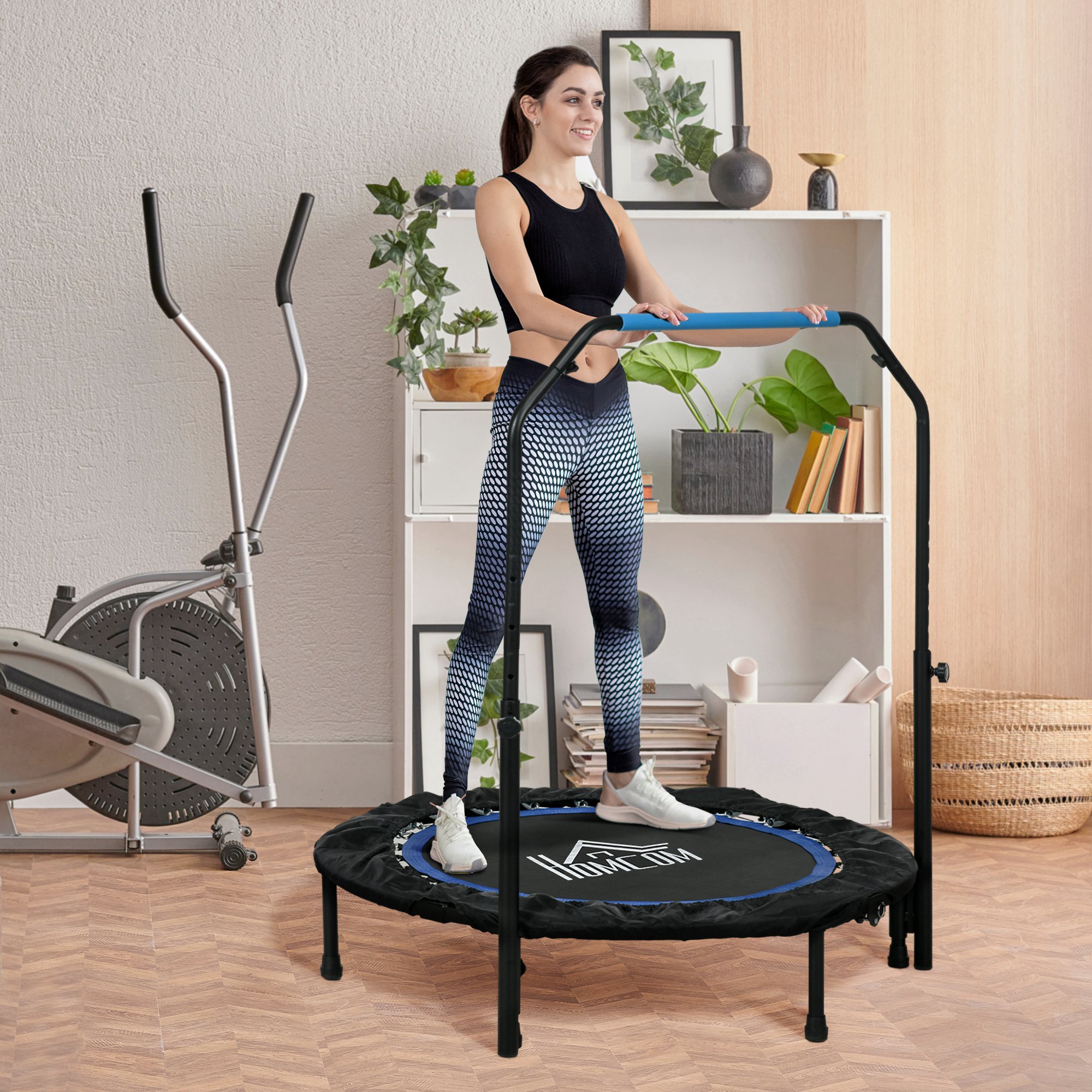 Fitnesstrampolin, klappbar, verstellbarer Haltegriff, Ø102x123H cm, bis 150 kg, Schwarz/Blau