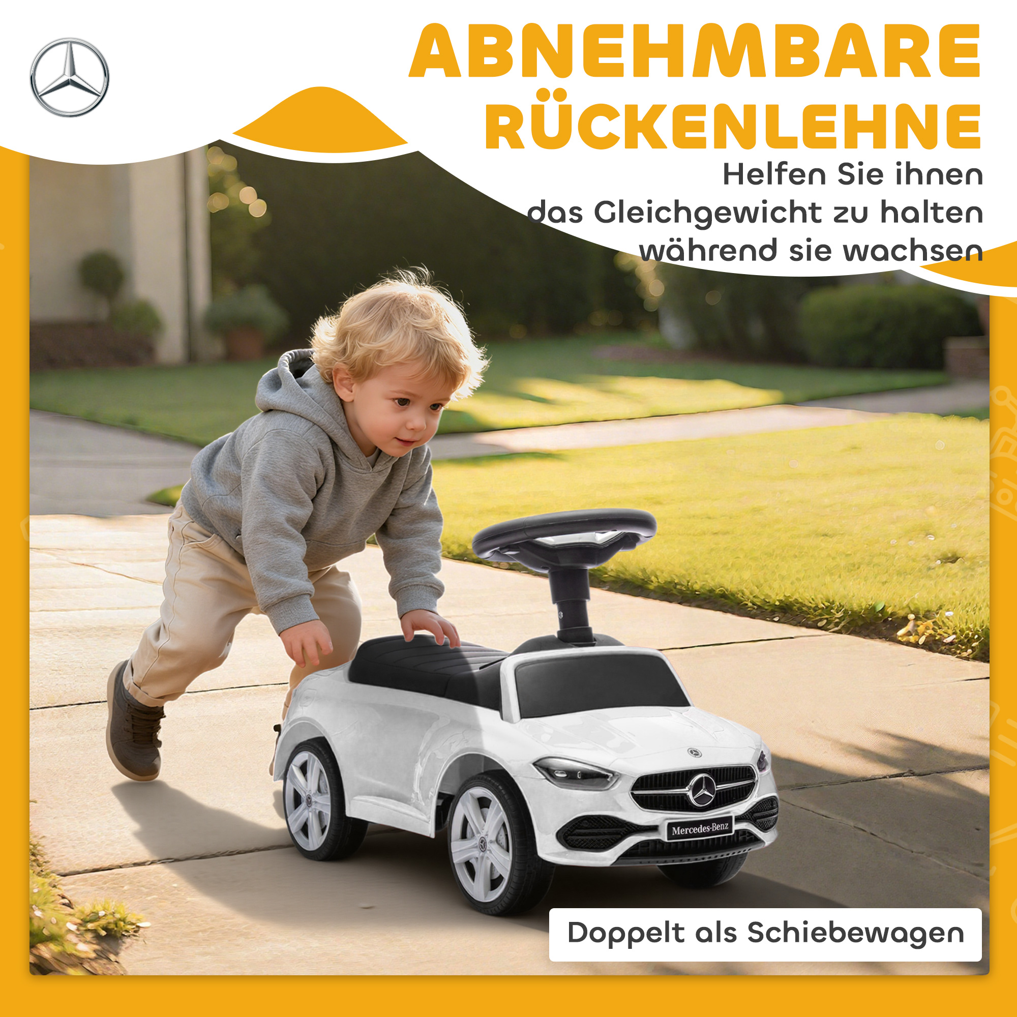 Rutscher Mercedes-Benz C-Class mit Hupe, Motorgeräuschen, Stauraum, für Kinder 18-36 Monate, Weiß