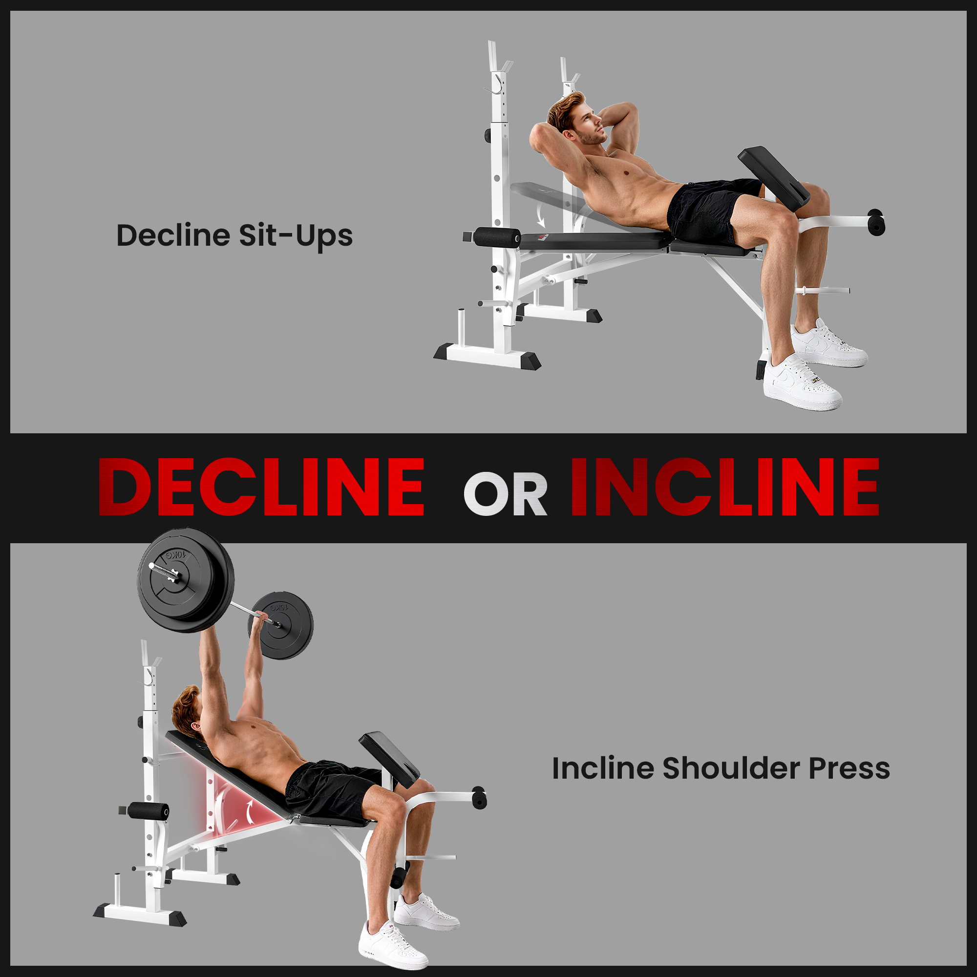 Hantelbank mit Hantelablage, Brustpresse, Beinpresse, Armauflage für Bizepscurls, Stahl, schwarz+weiß