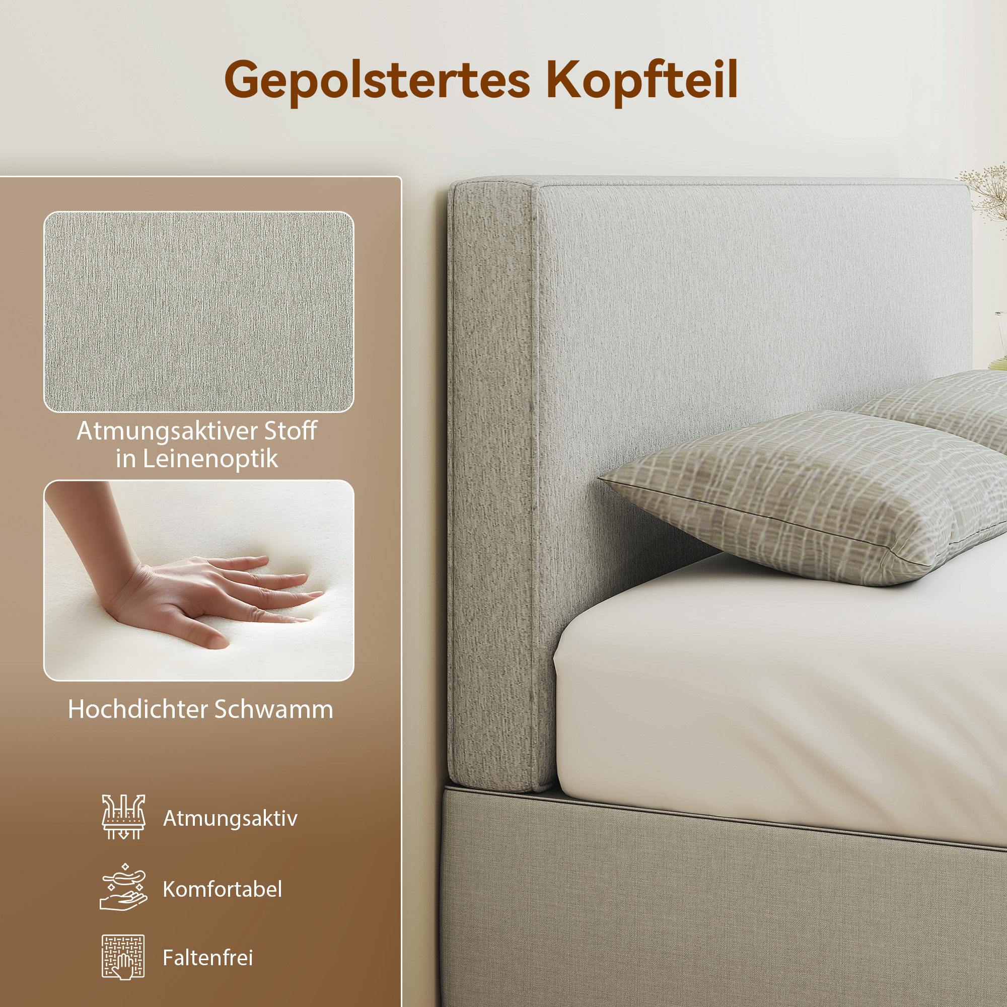 Wandmontiertes Kopfteil für Bett-Polsterung, 160 x 10 x 60 cm, Stoffbezug, Cremeweiß