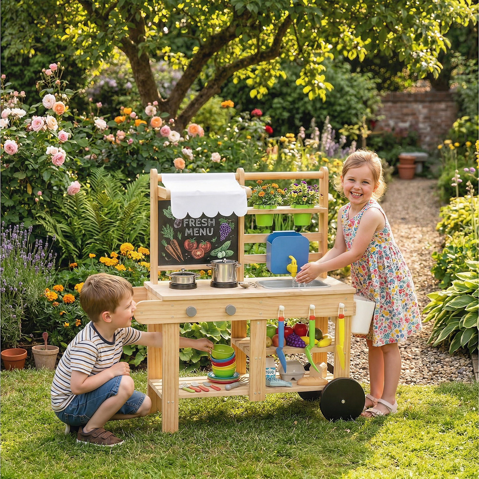 Matschküche Kinder Outdoor, Spielküche aus Holz mit echtem Wasserhahn, Spüle, Herd, Ablagefach, Wassertank, Naturholz