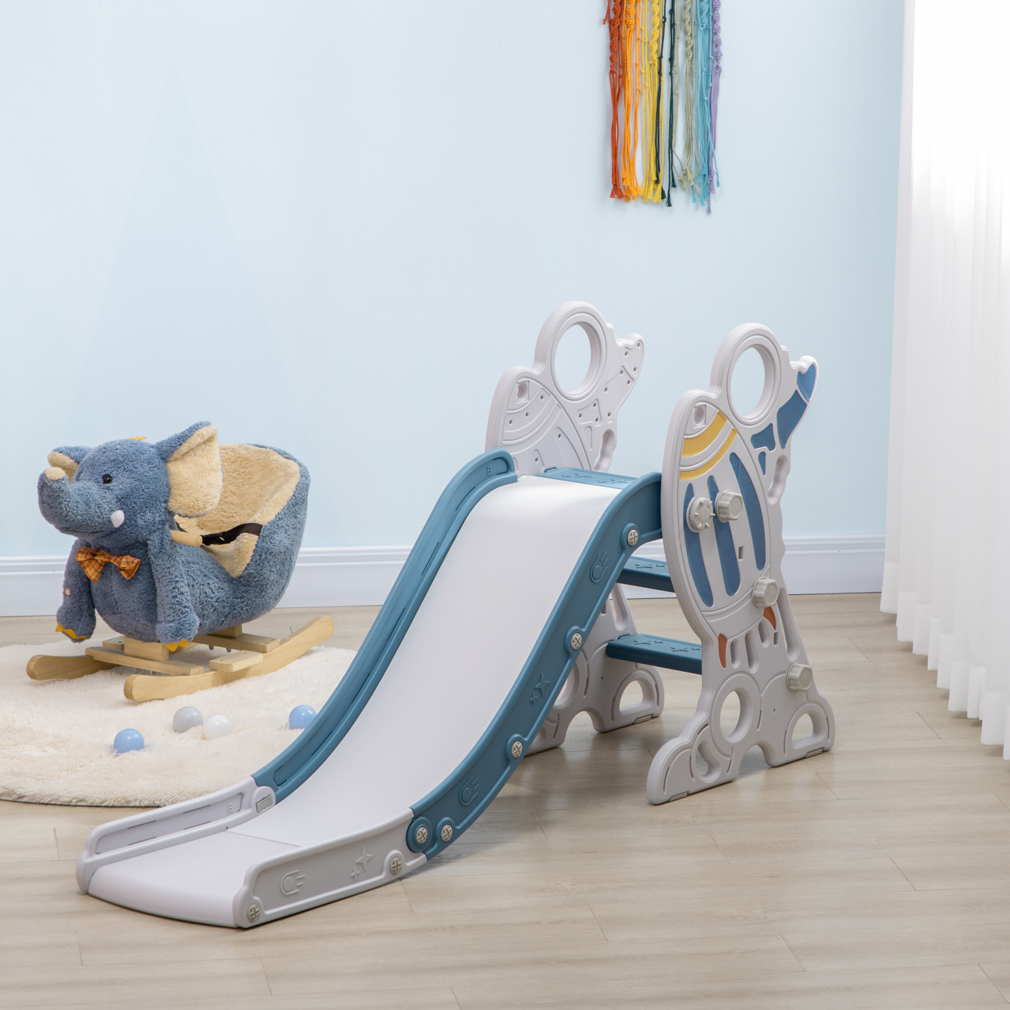 Rutsche für Kinder 1,5 bis 3 Jahre, Raketen-Design, Sticker-Set, blau, 157 x 46,5 x 80 cm