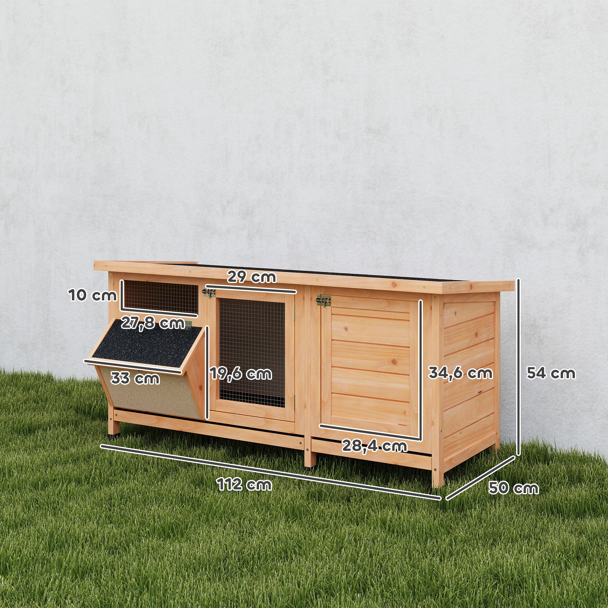 Hasenstall Winterfest Kaninchenstall aus Holz 112x50x54 cm Kaninchenkäfig mit Bitumendach, 2 Türen, Metallgitter, Hasenkäfig für Kaninchen, Meerschweinchen Outdoor Natur+Schwarz