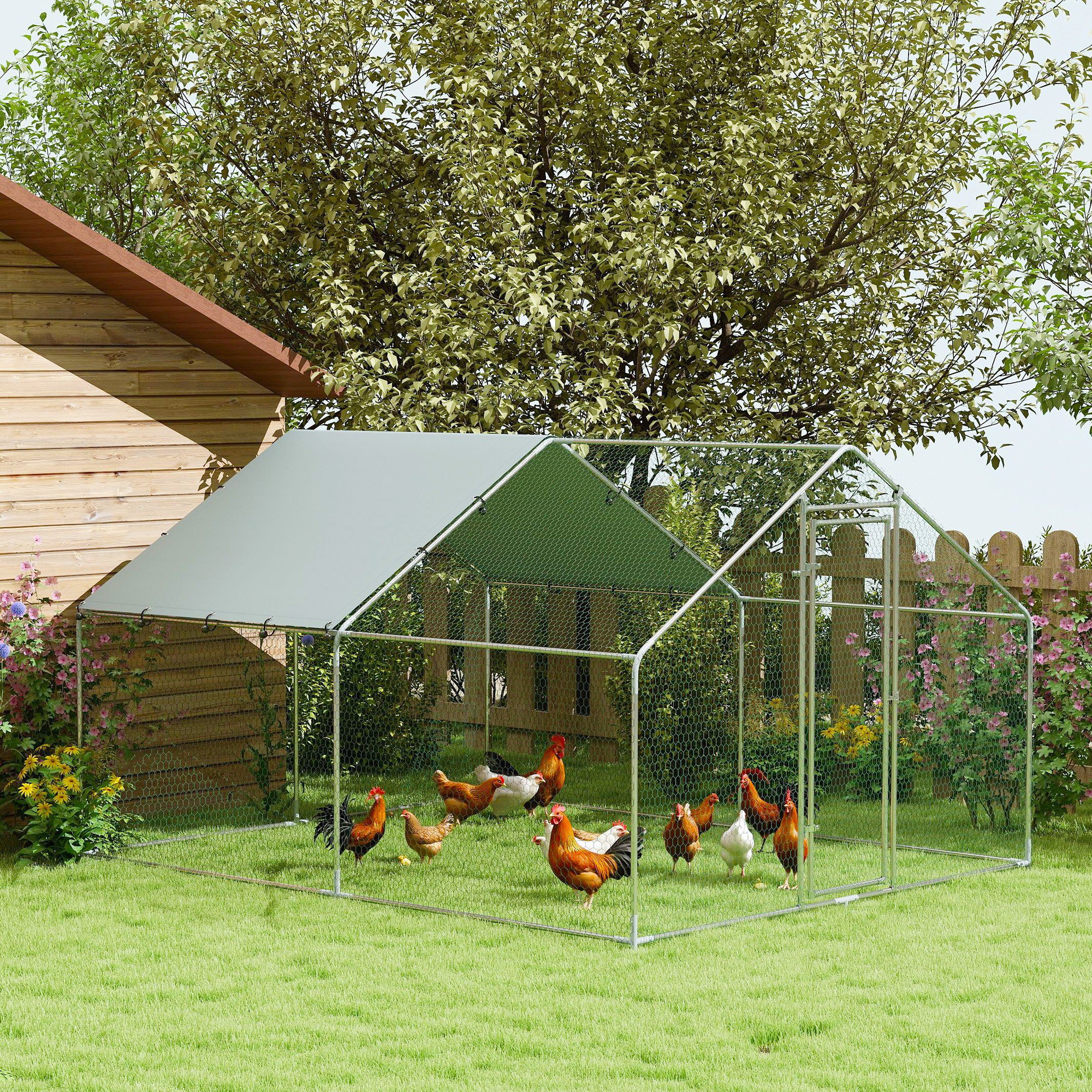 Hühnergehege, großes Hühnergehege aus Metall mit wasserdichter und UV-beständiger Abdeckung, Käfig für 10-15 Hühner, 3 x 3,4 x 1,9 m