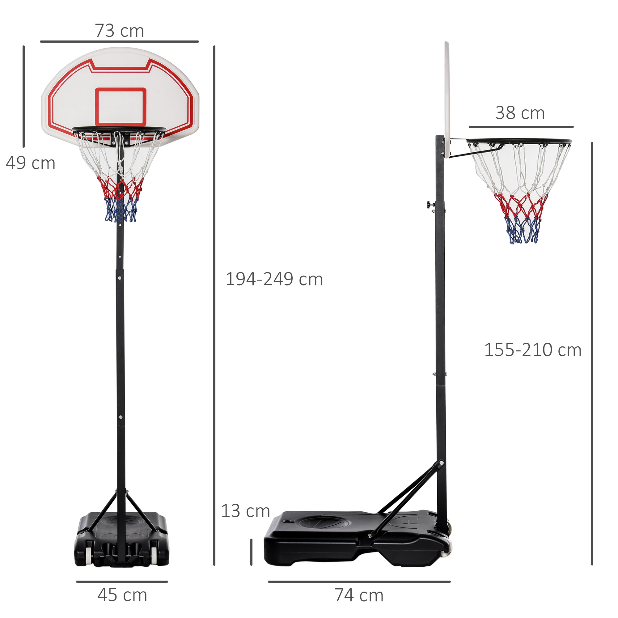 Basketballkorb Outdoor mit Rollen 155-210 cm Höhenverstellbar, Transportable Basketballständer mit Rollen, Tragbar Basketballkorb PE+Stahl