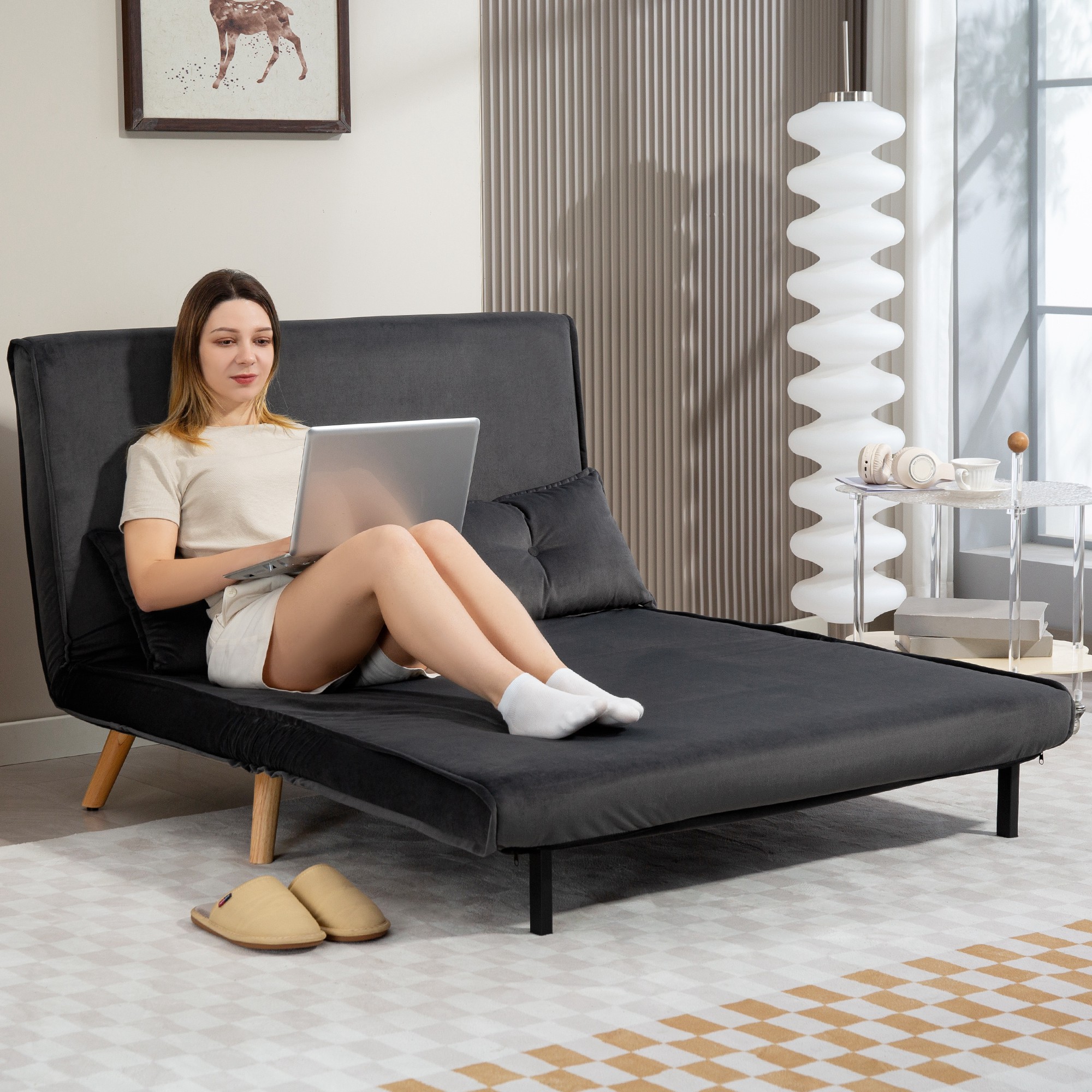 2-Sitzer-Schlafsofa, Bettsofa, in Bett umwandelbare Couch, verstellbare Rückenlehne, Stoffbezug, Metallrahmen, Grau