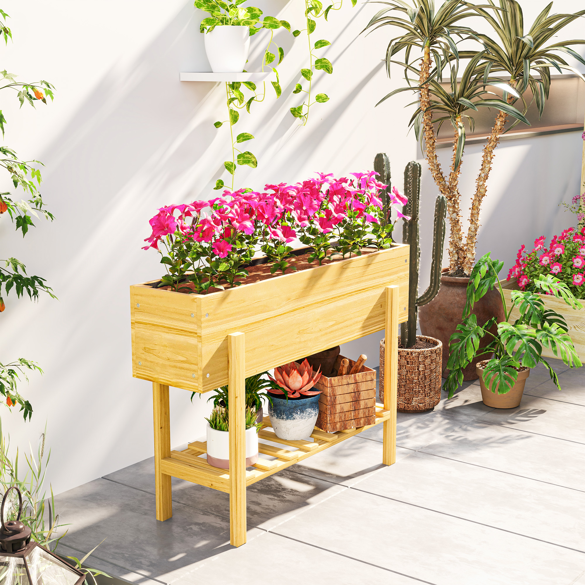 Blumenkasten mit unterem Regal, Holzbeet mit Vlies-Auskleidung und Entwässerungslöchern, 100 x 30 x 70,5 cm, Naturholz