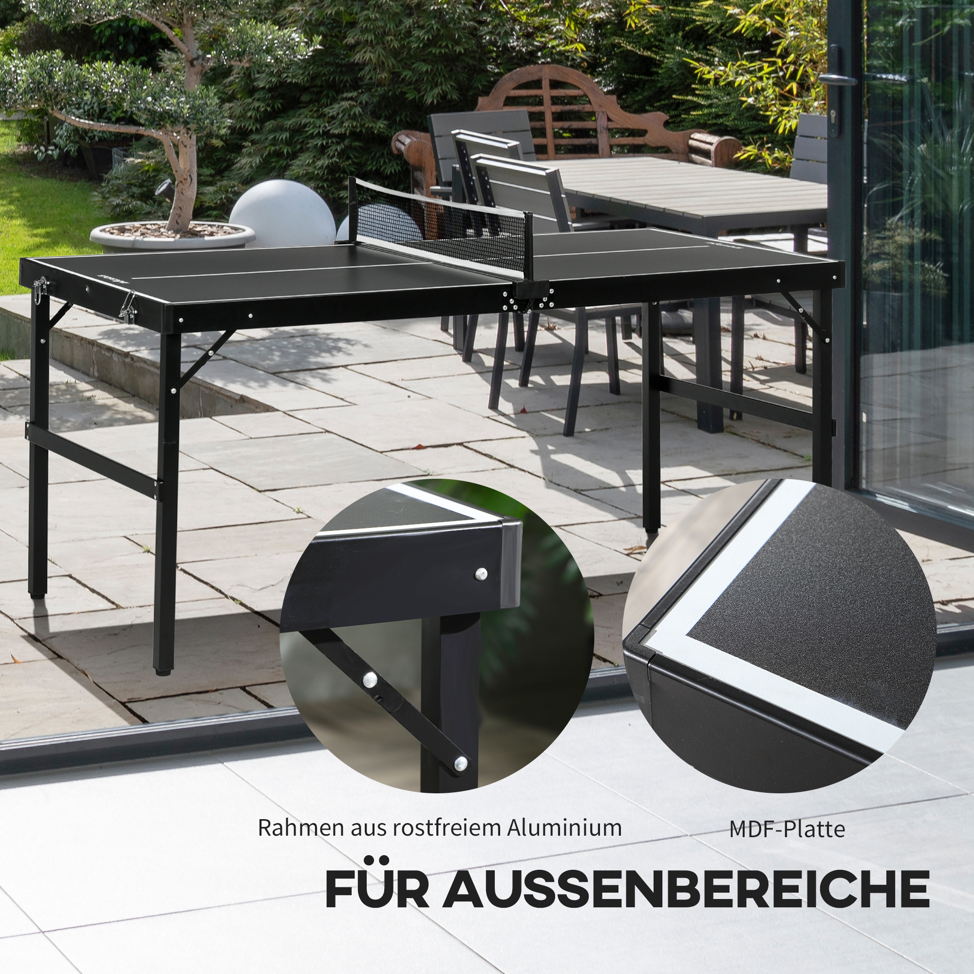 Tischtennisset, faltbar, Schloss und Griff, Aluminiumrahmen, 152x76x72 cm, Schwarz