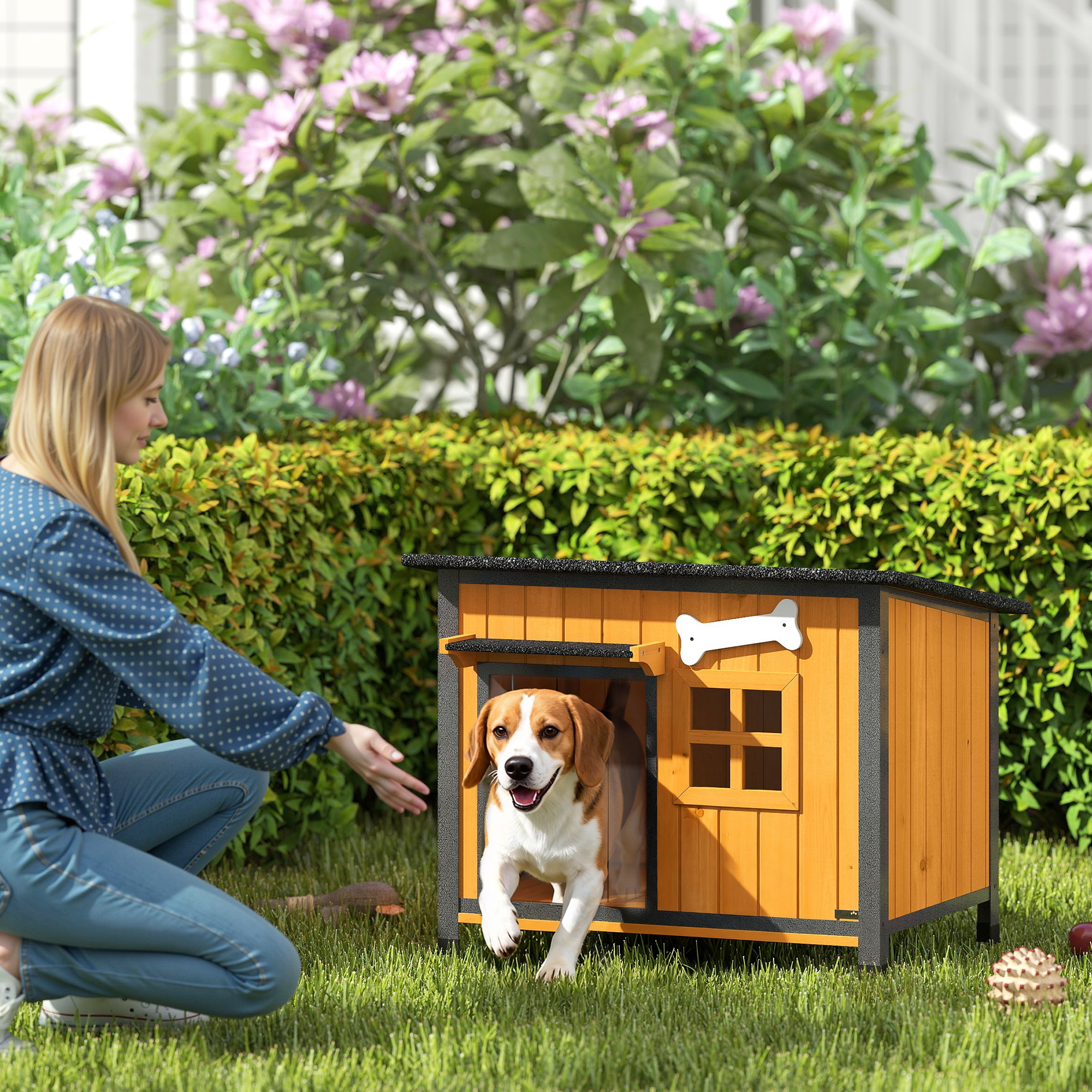 Hundehütte Holz Outdoor Hundehaus mit Asphalt-Dach zum Öffnen herausnehmbarem Boden Türvorhang Stahlrahmen 84,5x62x65cm
