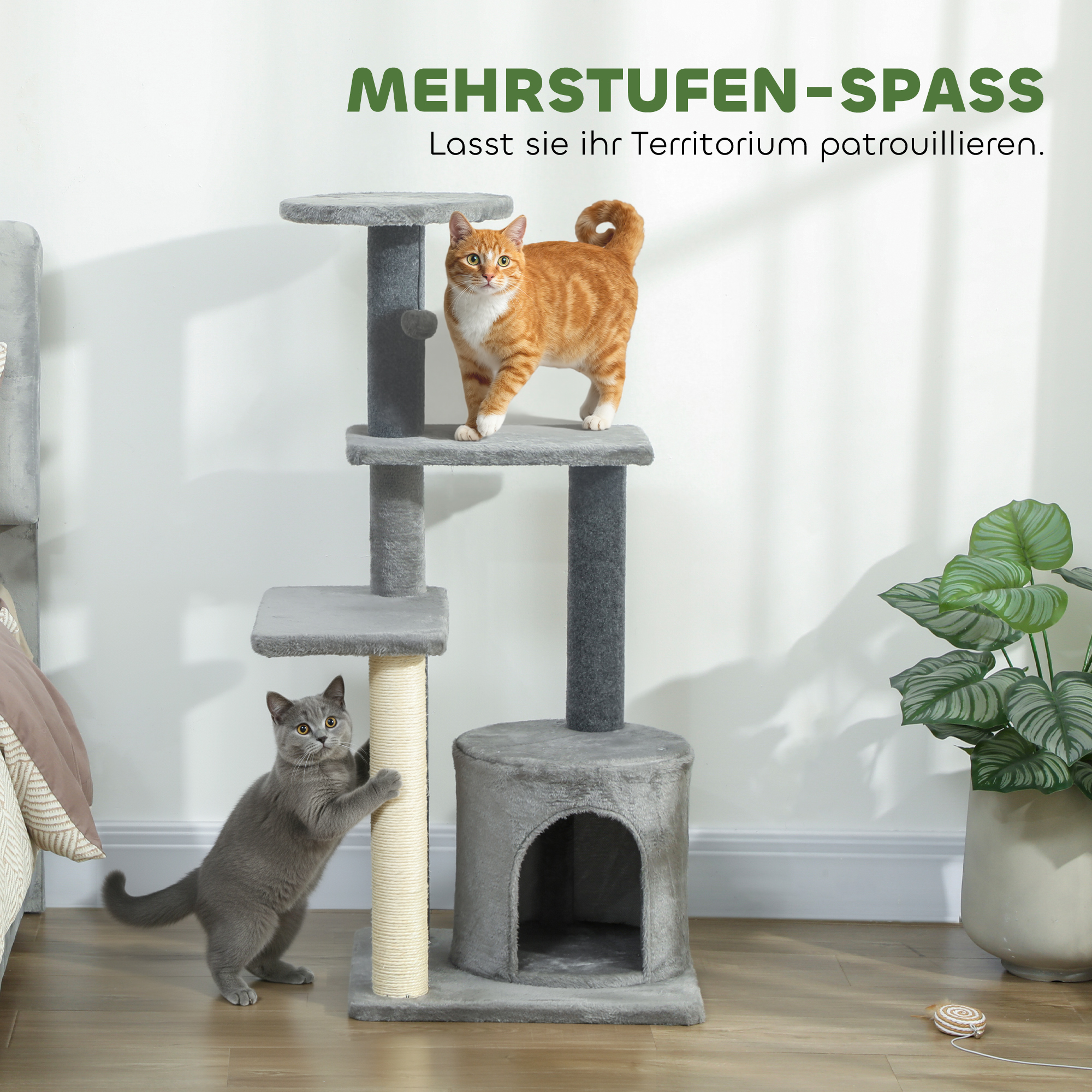 Kratzbaum 103 cm Katzenbaum mit Katzenhöhle, Plattformen, Sisal-Kratzsäulen, Plüschball für Katzen bis 5 kg, Grau