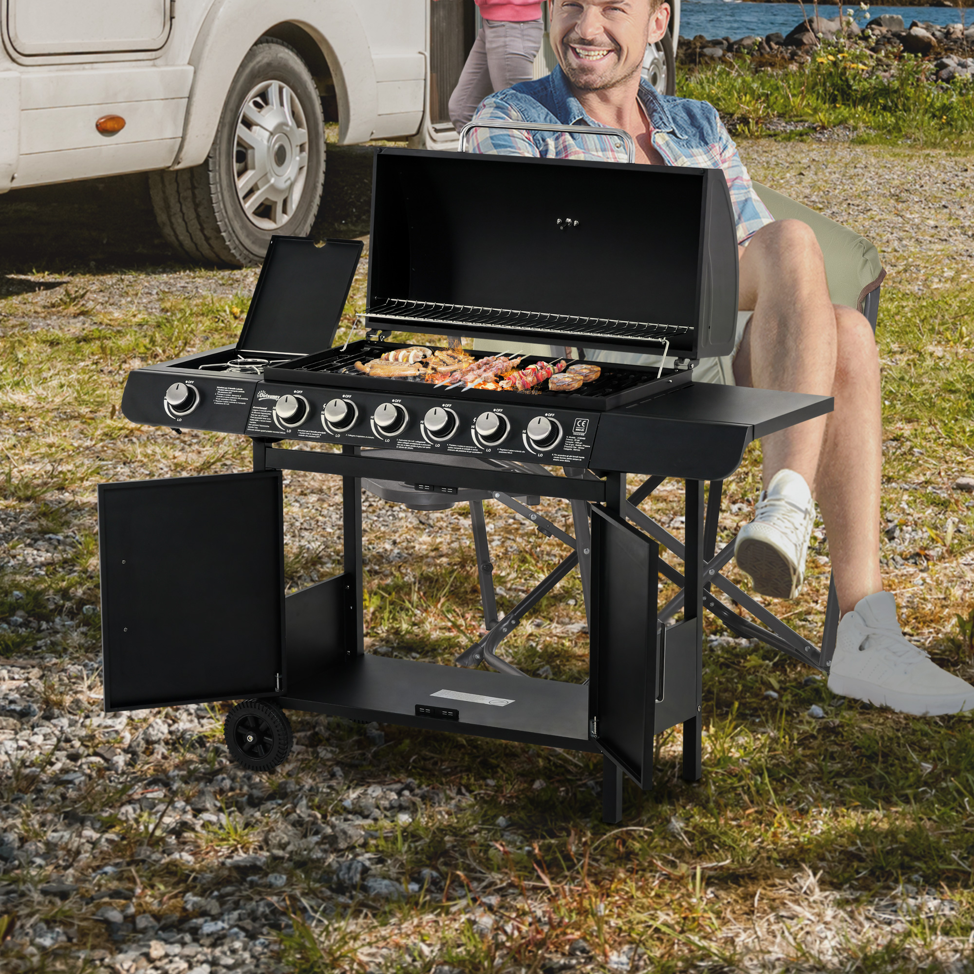 Gasgrill mit 7 Brennern, inkl. Thermometer,  BBQ -Grill, mobiler Grill, Schwarz