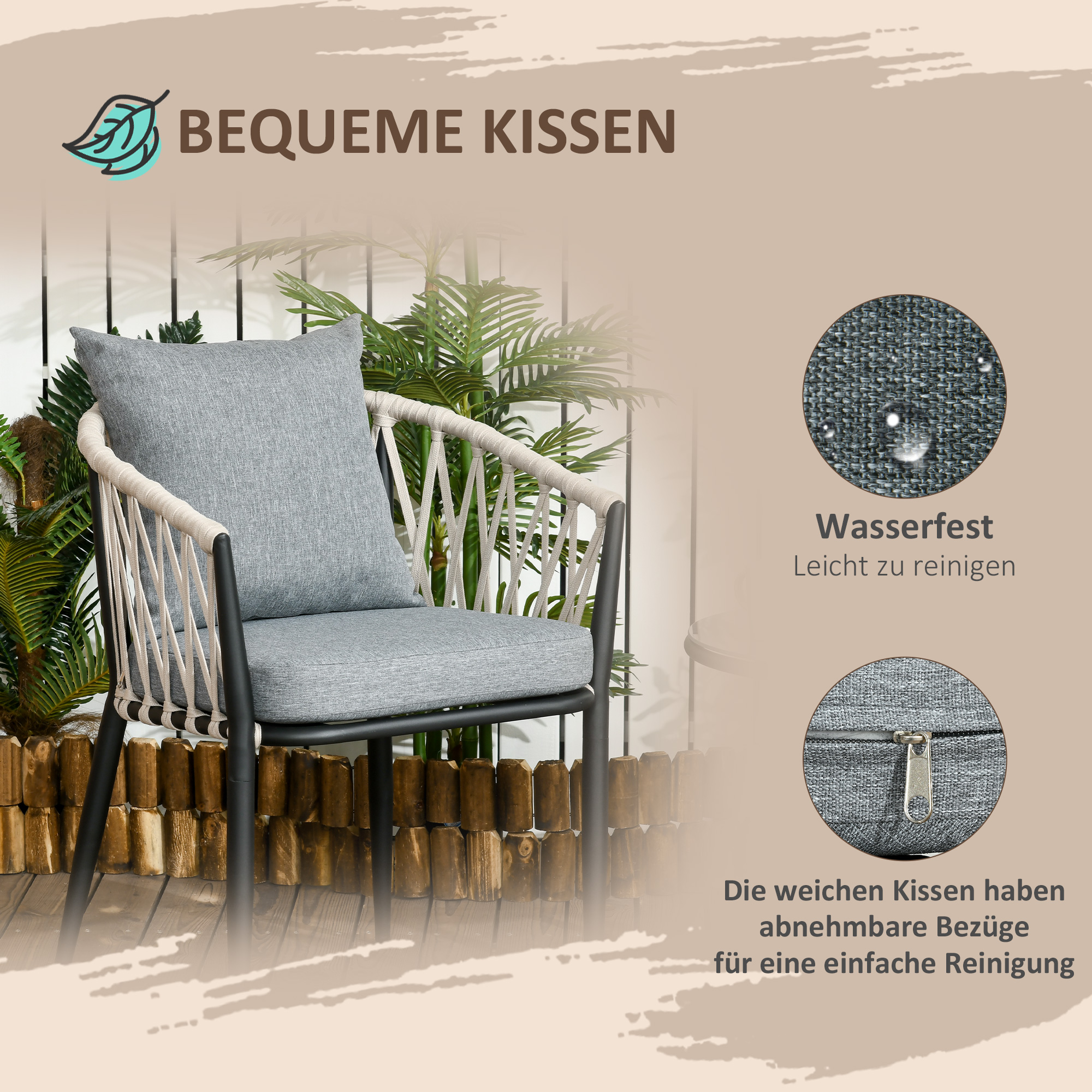 Gartenmöbel Set für 2 Personen inkl. 1 Tisch, 2 Stühlen mit Sitzkissen, Balkon-Set, Stahl, Grau