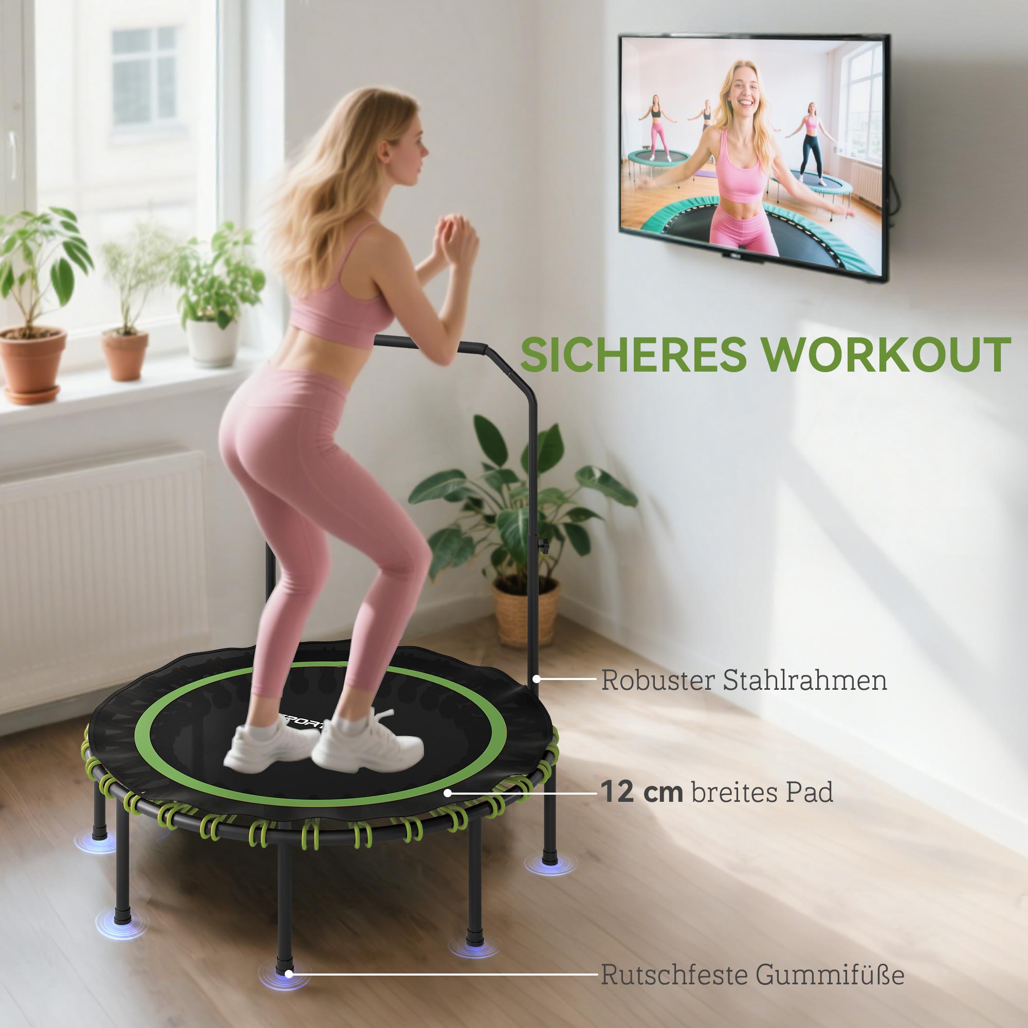 Fitness-Trampolin mit verstellbarem Handlauf, Sport-Trampolin für drinnen und draußen, Stahl, Kunststoff, Grün