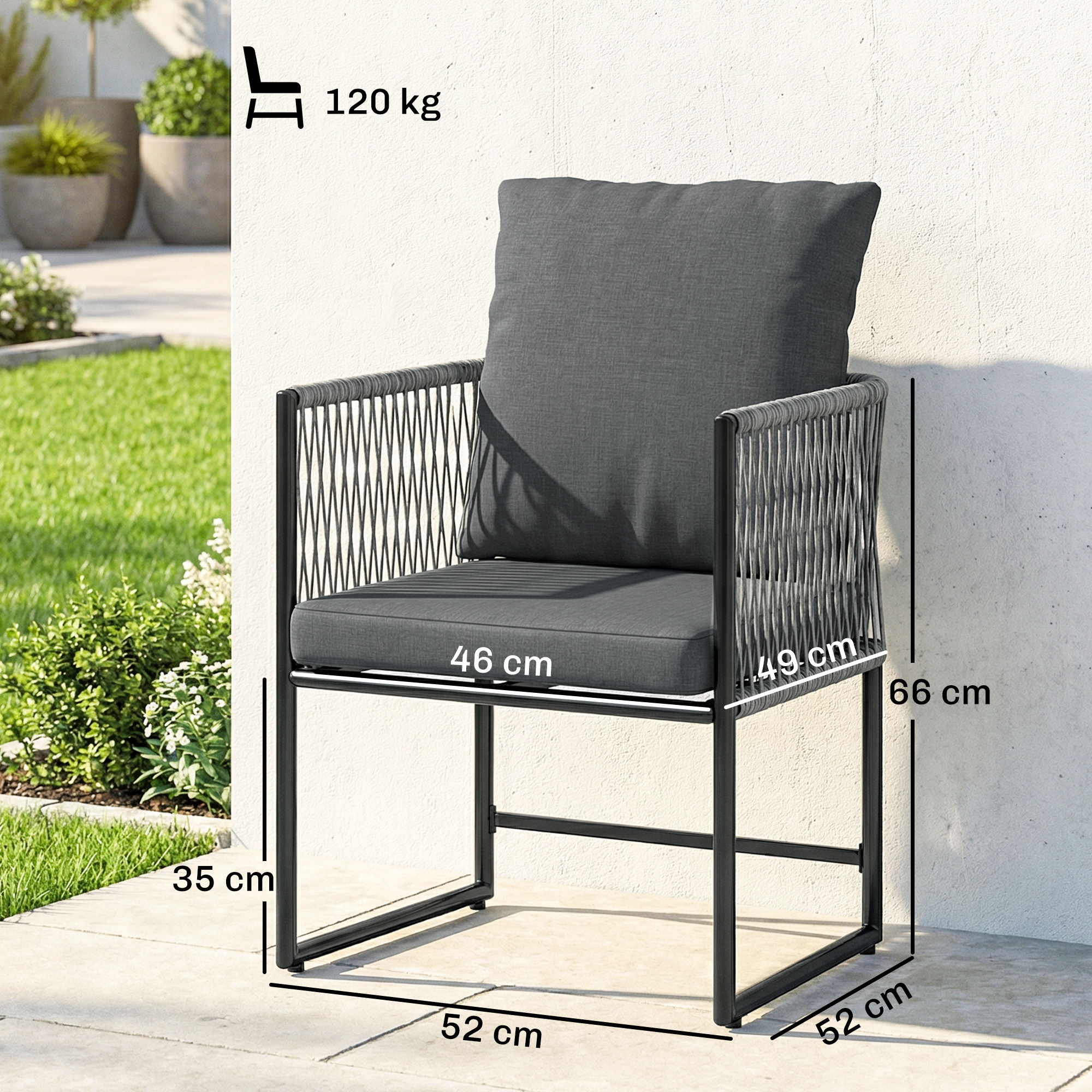Gartenstuhl 2er Set wetterfest Gartenstühle aus Stahl PE-Rattan mit Kissen Armlehne Rückenlehne 52x52x66 cm Dunkelgrau