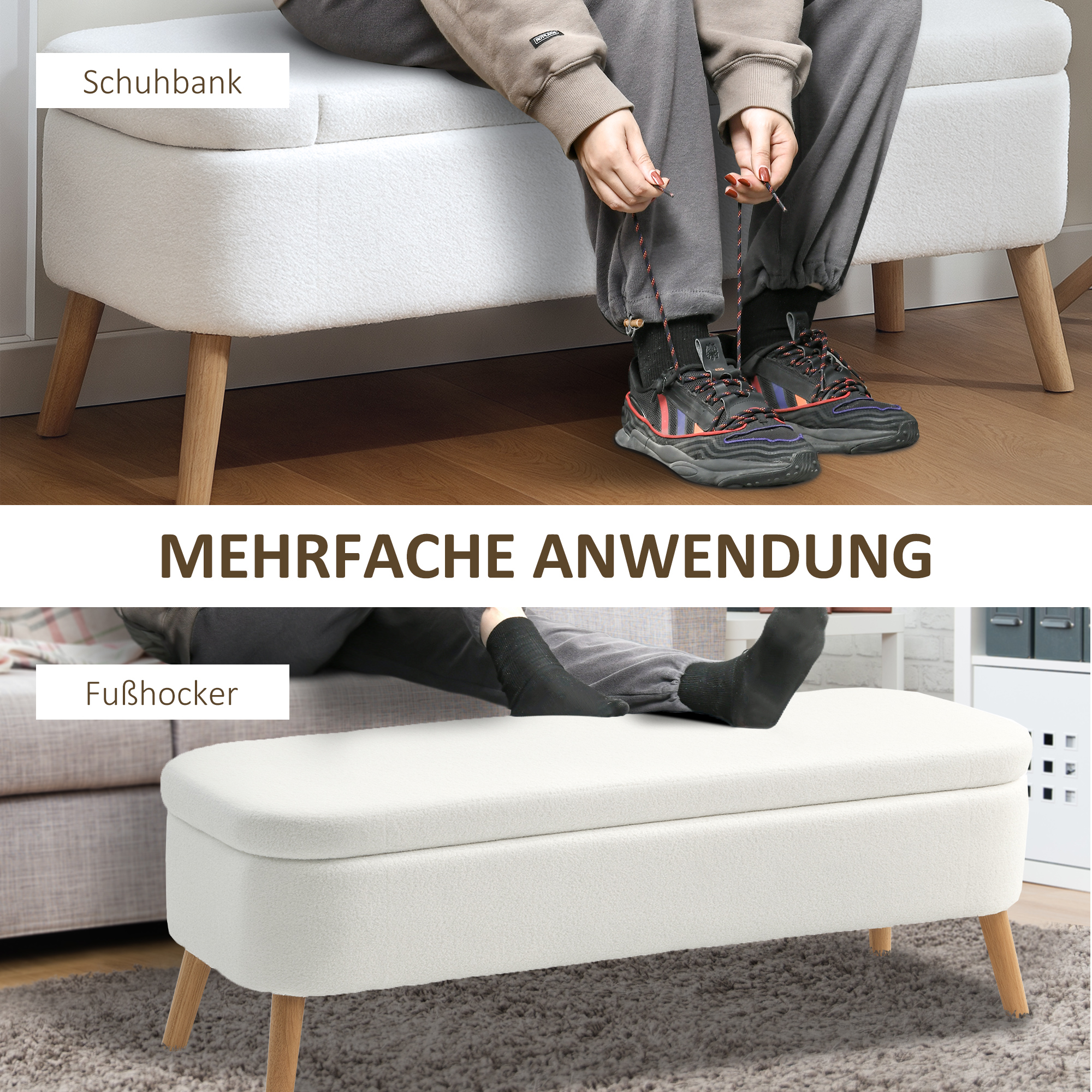 Aufbewahrungsbank, Sitzbank mit 65 L Stauraum, Teddy-Fleece-Stoff, Kautschukholz, 120 x 42 x 45 cm, Cremeweiß