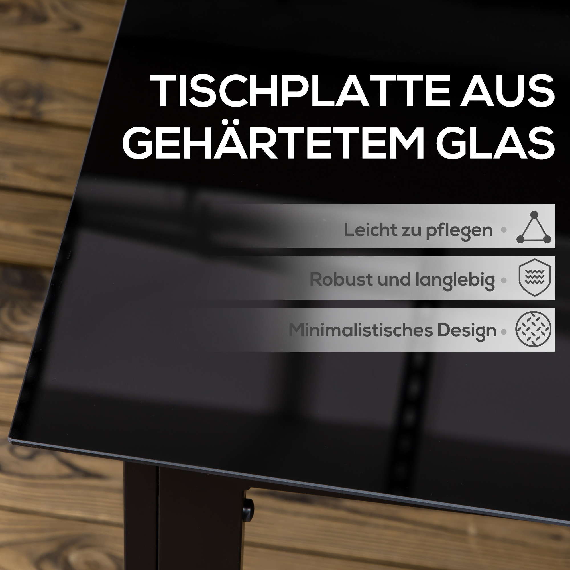 Gartentisch für 6 Personen, wetterbeständig, gehärtetes Glas, Terrassentisch, 150 cm x 90 cm x 74 cm, Schwarz