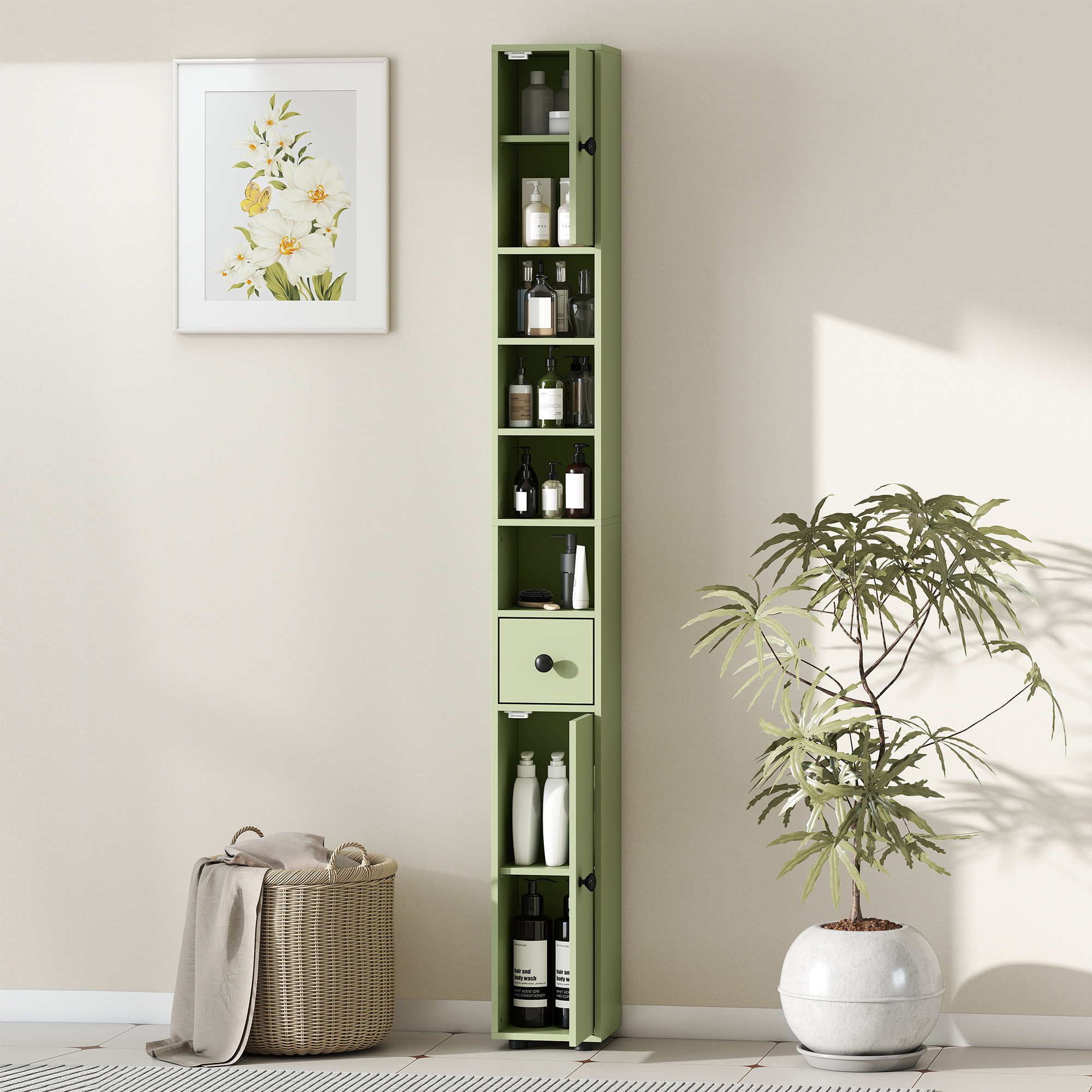 Badezimmerschrank schmal mit Schublade und 4 offenen Fächern für kleine Räume 20 x 20 x 180 cm Grün