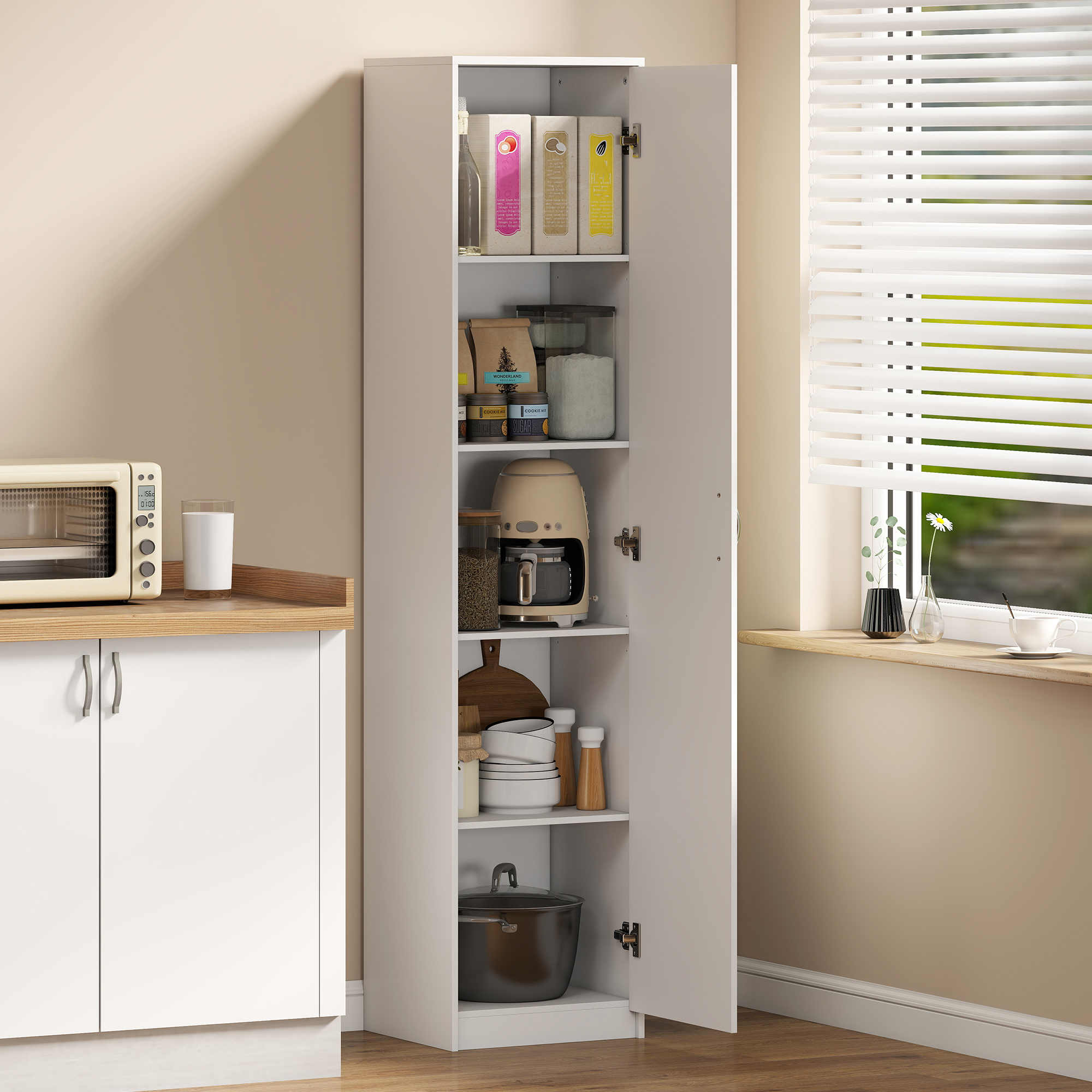 Küchenschrank, 5-Ebenen-Aufbewahrungsschrank, verstellbare Regale, für Wohnzimmer, Küche, Vorratskammer, Holz, Weiß