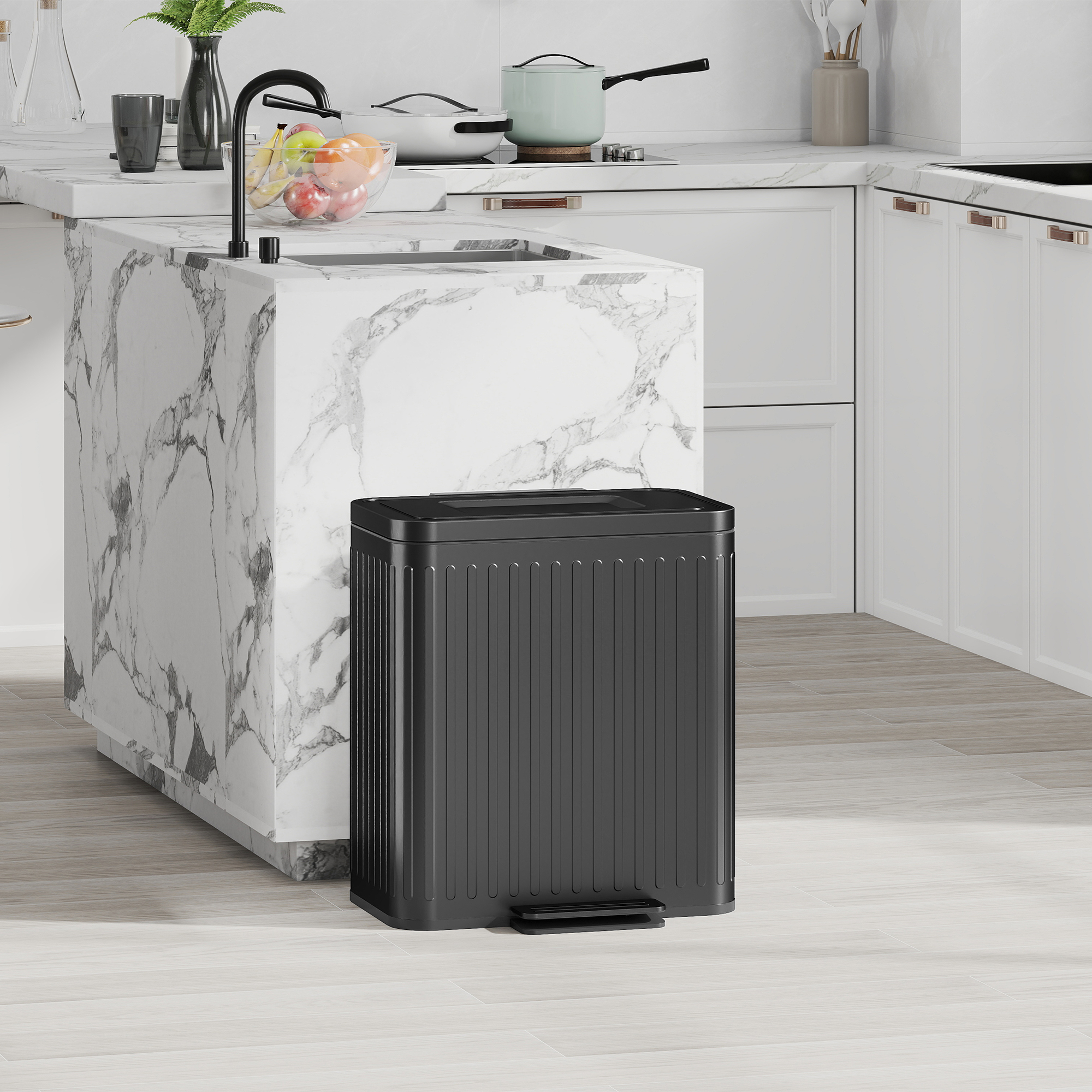 Küchenmülleimer, 2x 20l-Fächer, effiziente Mülltrennung, Fußpedal, Kunststoff, Metall, Schwarz