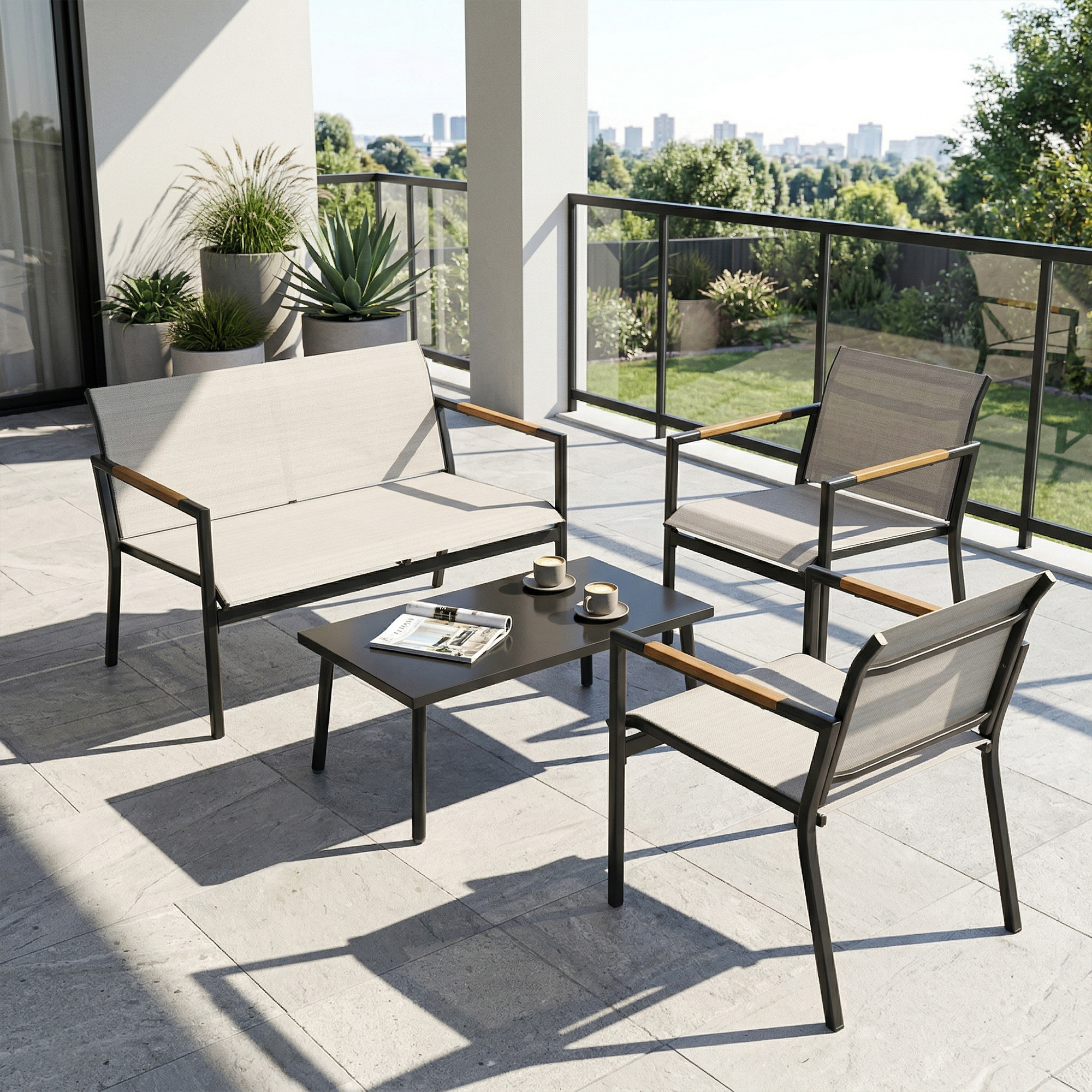 Gartenmöbel Set Sitzgruppe für 4 Personen Atmungsaktiv Gartenlounge mit 2er Sofa 2 Sessel Metall-Tisch Fußpads