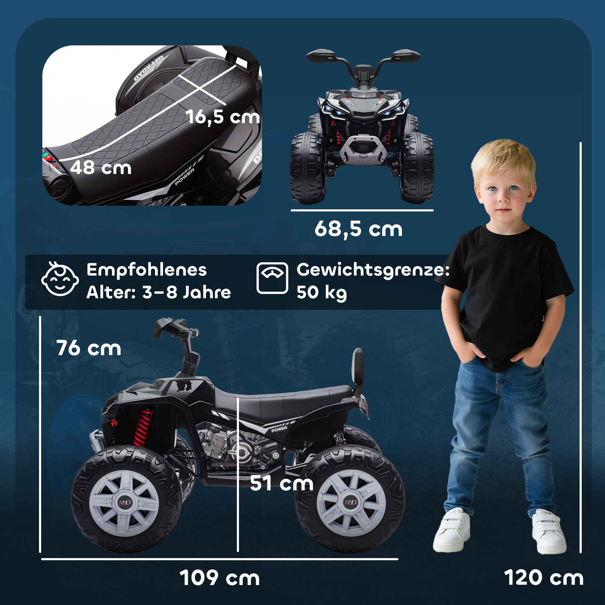 Kinder-Elektro-Quad, 24V Elektro-Fahrzeug mit 4 Rädern, Scheinwerfer, USB-Anschluss, MP3-Funktion, 6,5 km/h, 3-8 Jahre