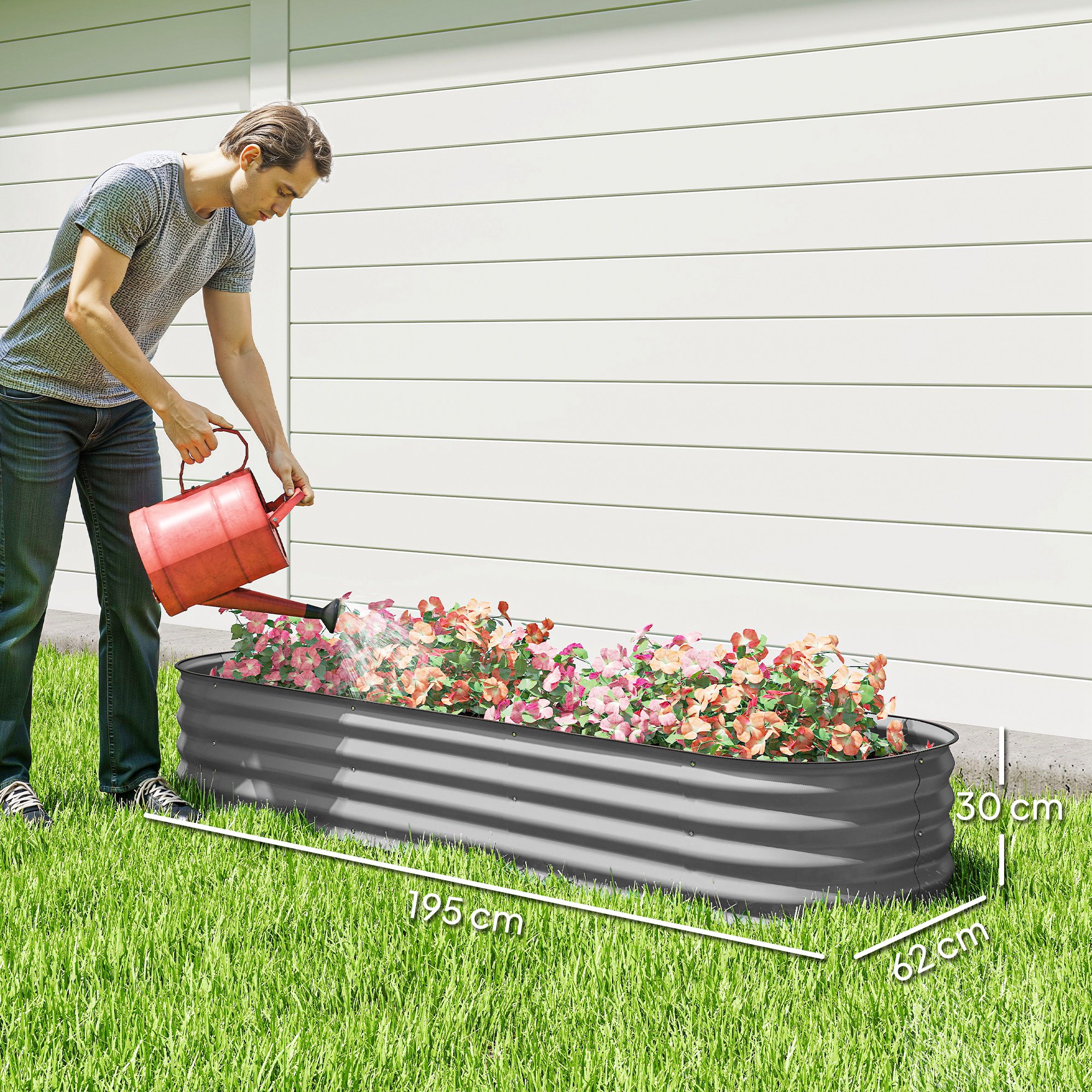 Hochbeet Pflanzenbeet, modulares Hochbett, geschützte Kanten, Design ohne Boden,  195 x 62 x 30 cm, Silber