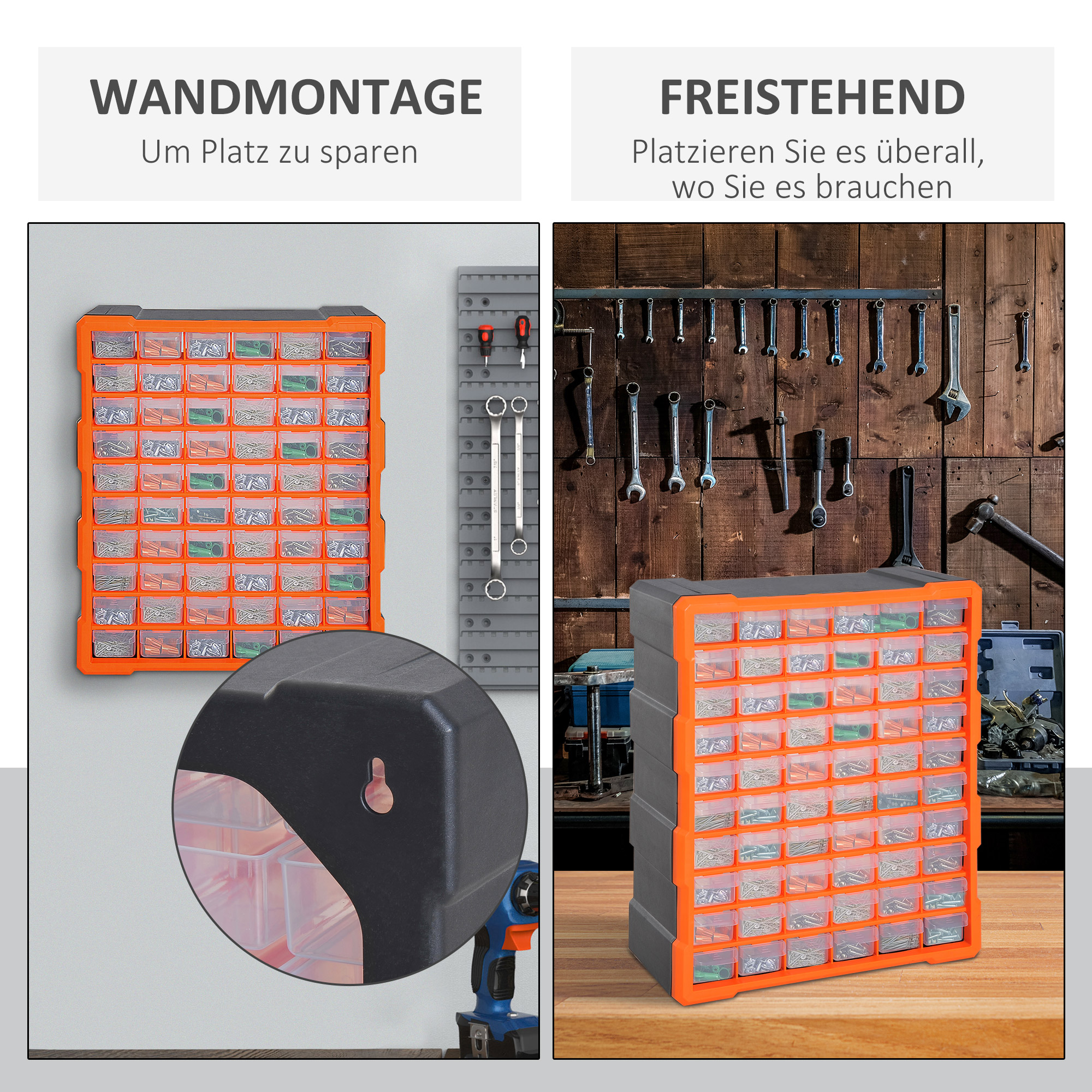 Sortierkasten Kleinteilemagazin Teile Box Aufbewahrungsbox 60 Fächer Orange L38 x B16 x H47,5 cm
